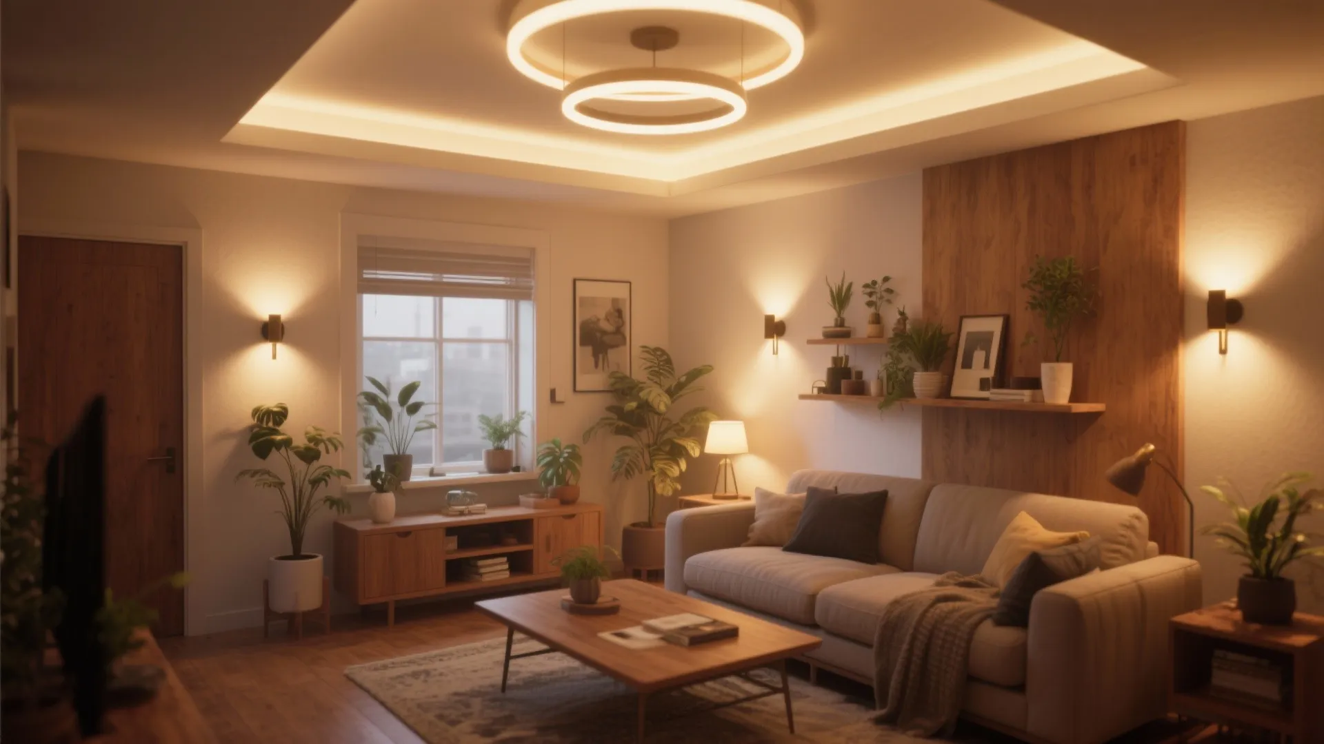 Small living room with warm ambient lights and wood accents
