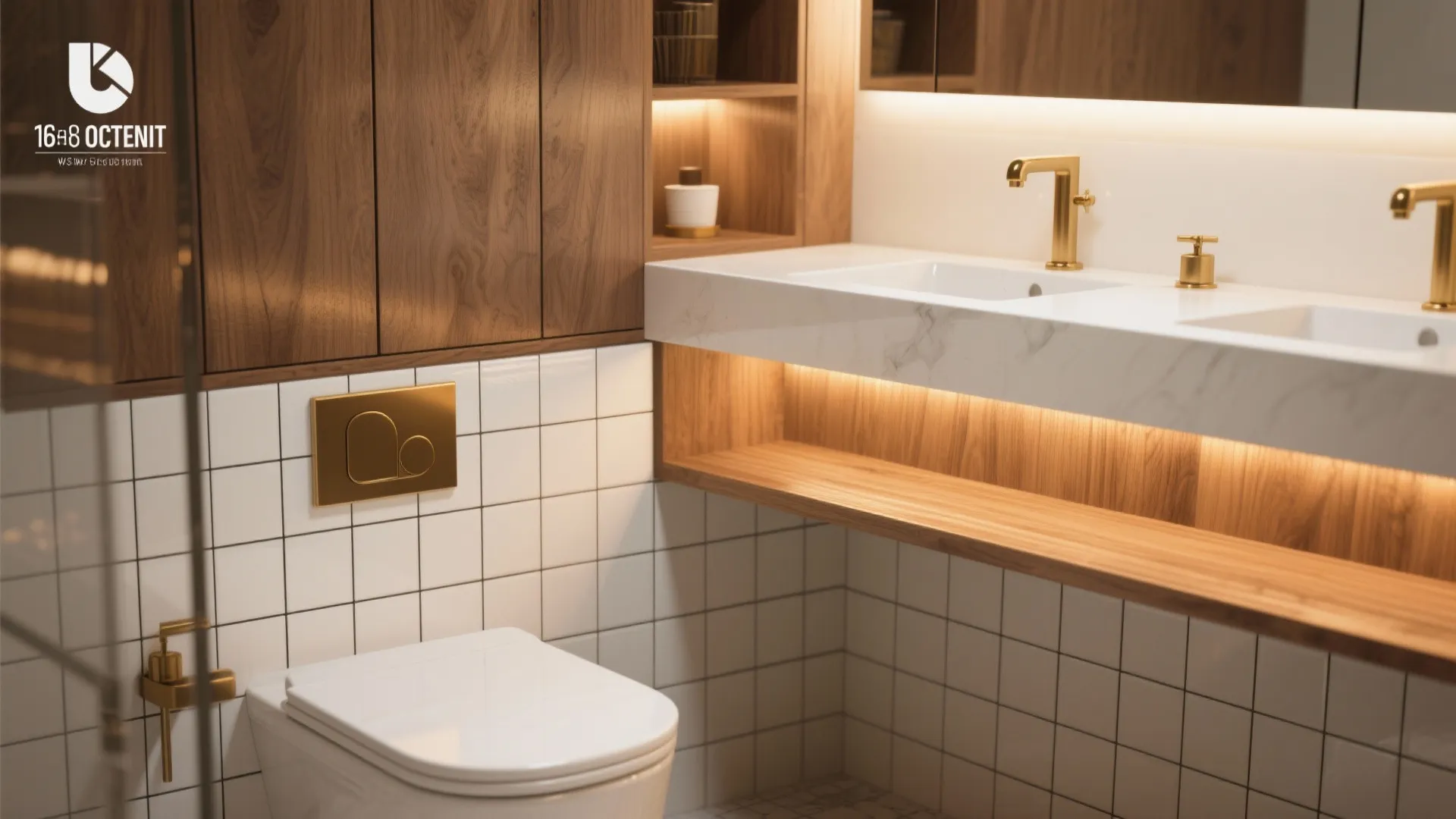 Bathroom with white tile and dark grout balanced by oak cabinetry, brass fixtures and warm lighting