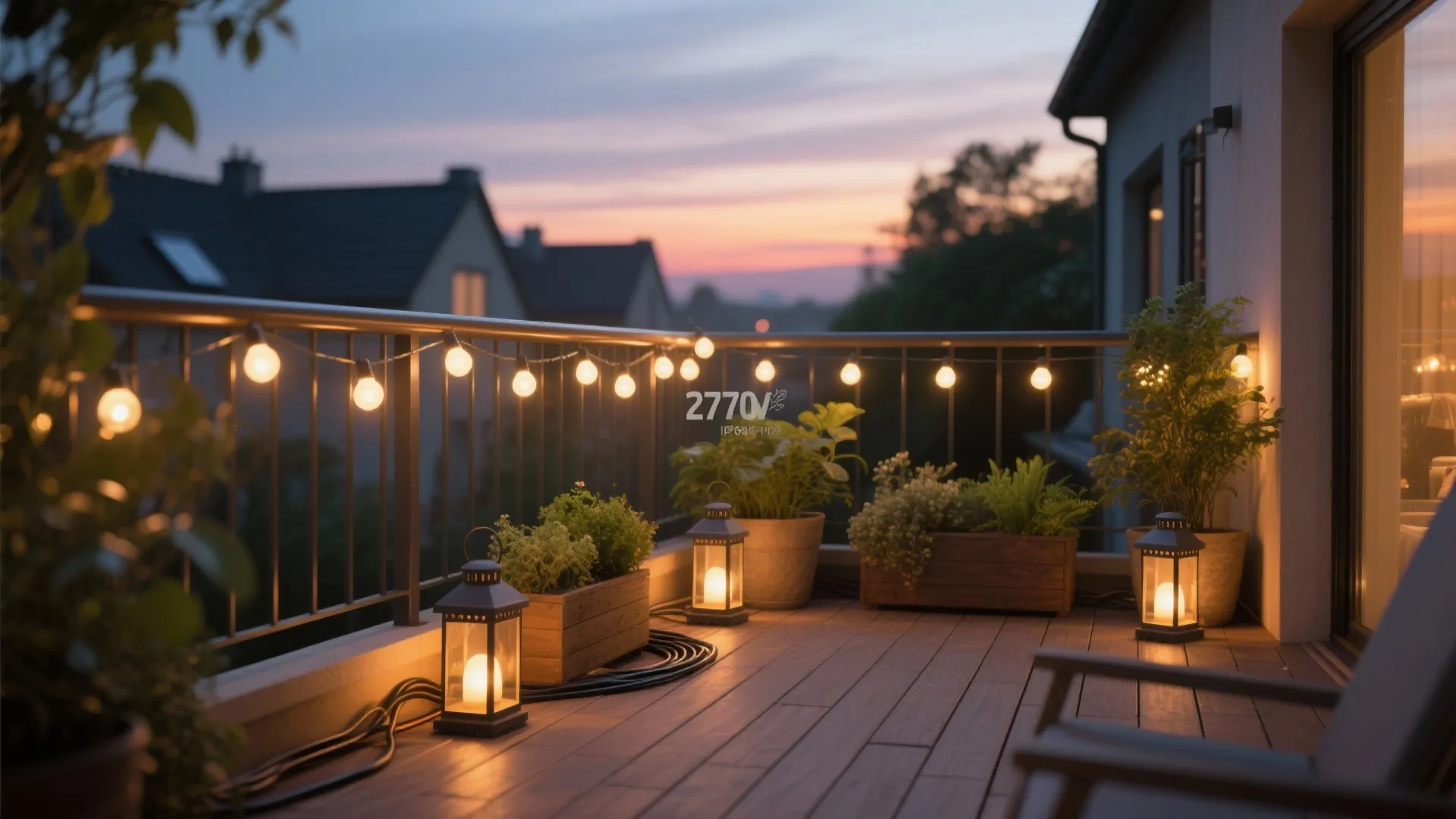Balcony at dusk with warm string lights on the rail and solar lanterns in planters.
