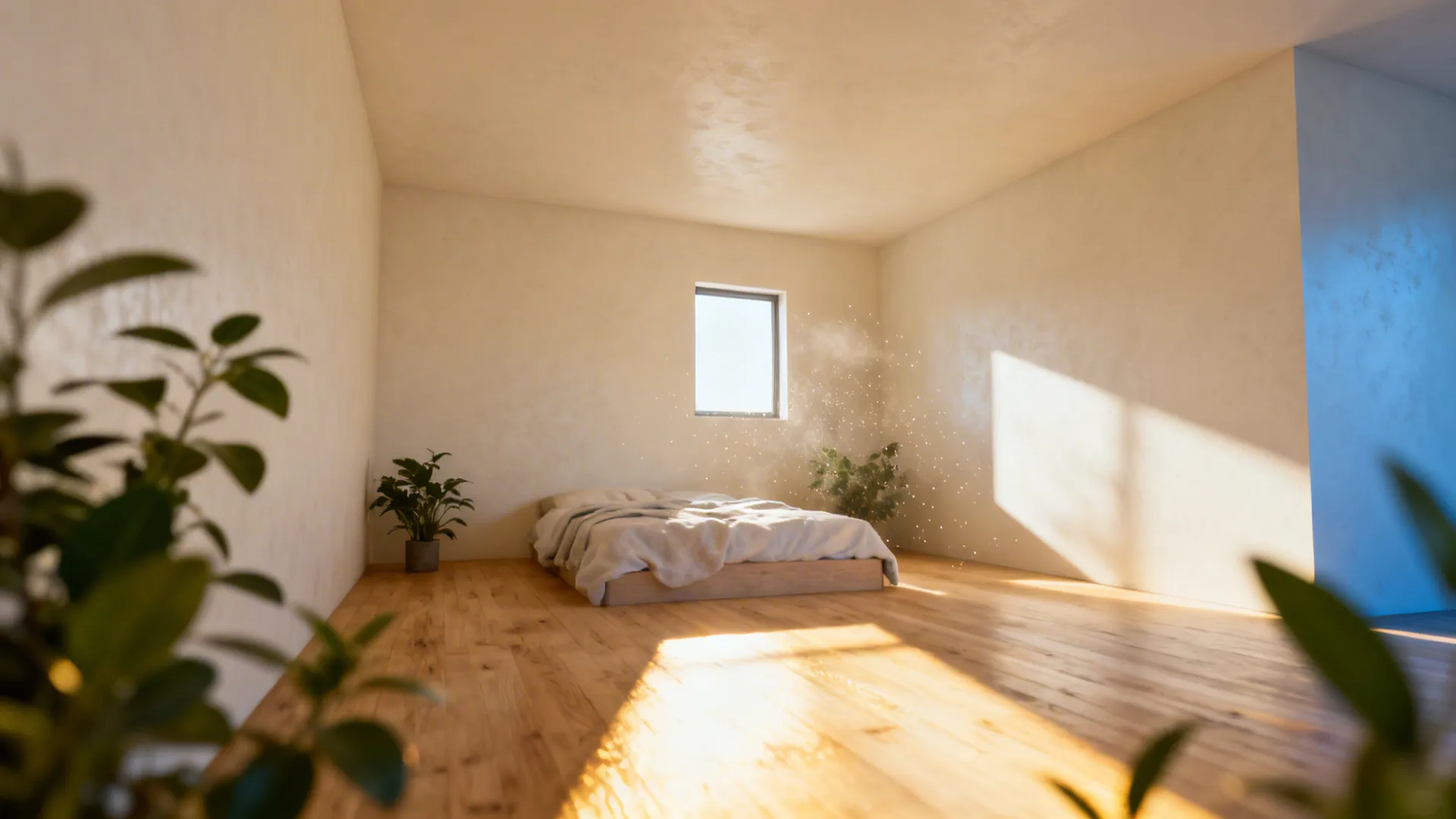 Tiny bedroom with warm off-white walls amplifying daylight from a small window.