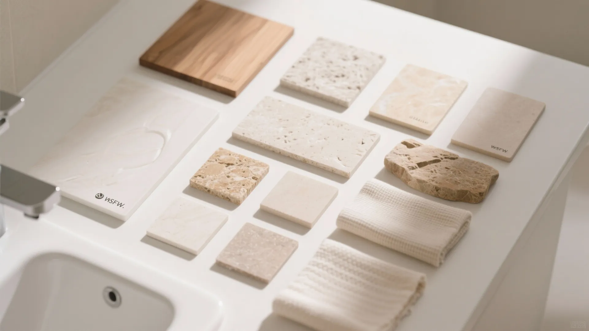 Stone tiles wood and fabric samples on white counter near a white bathroom wash basin