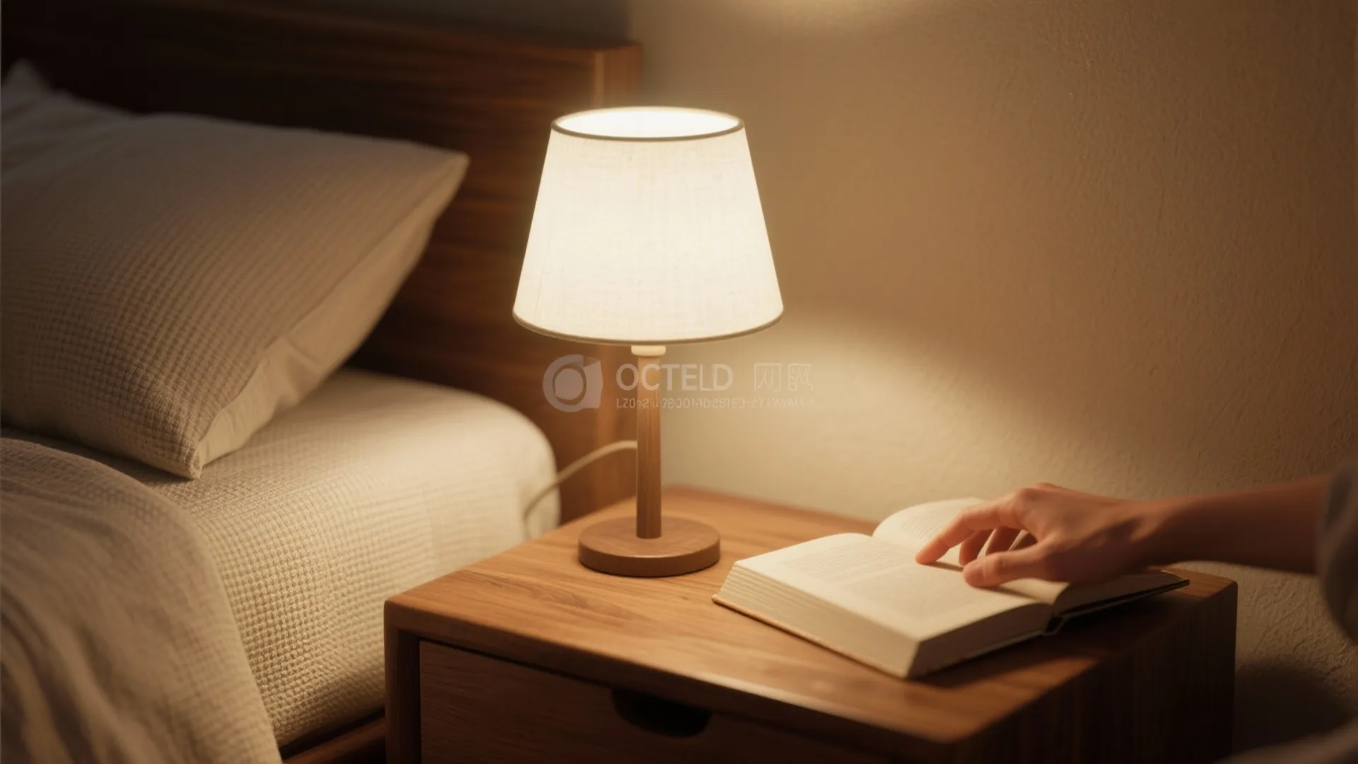 Person reading book by warm table lamp on wooden nightstand next to white cozy bedroom bed