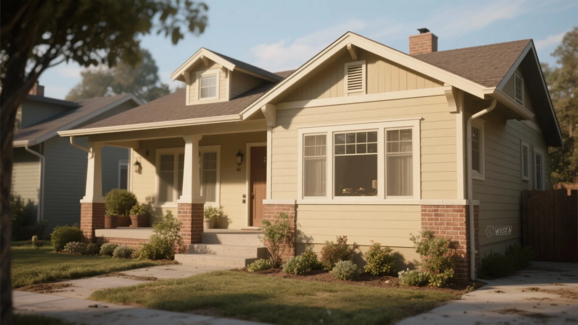 Modern yellow house with a front porch white windows brick pillars and a small green garden