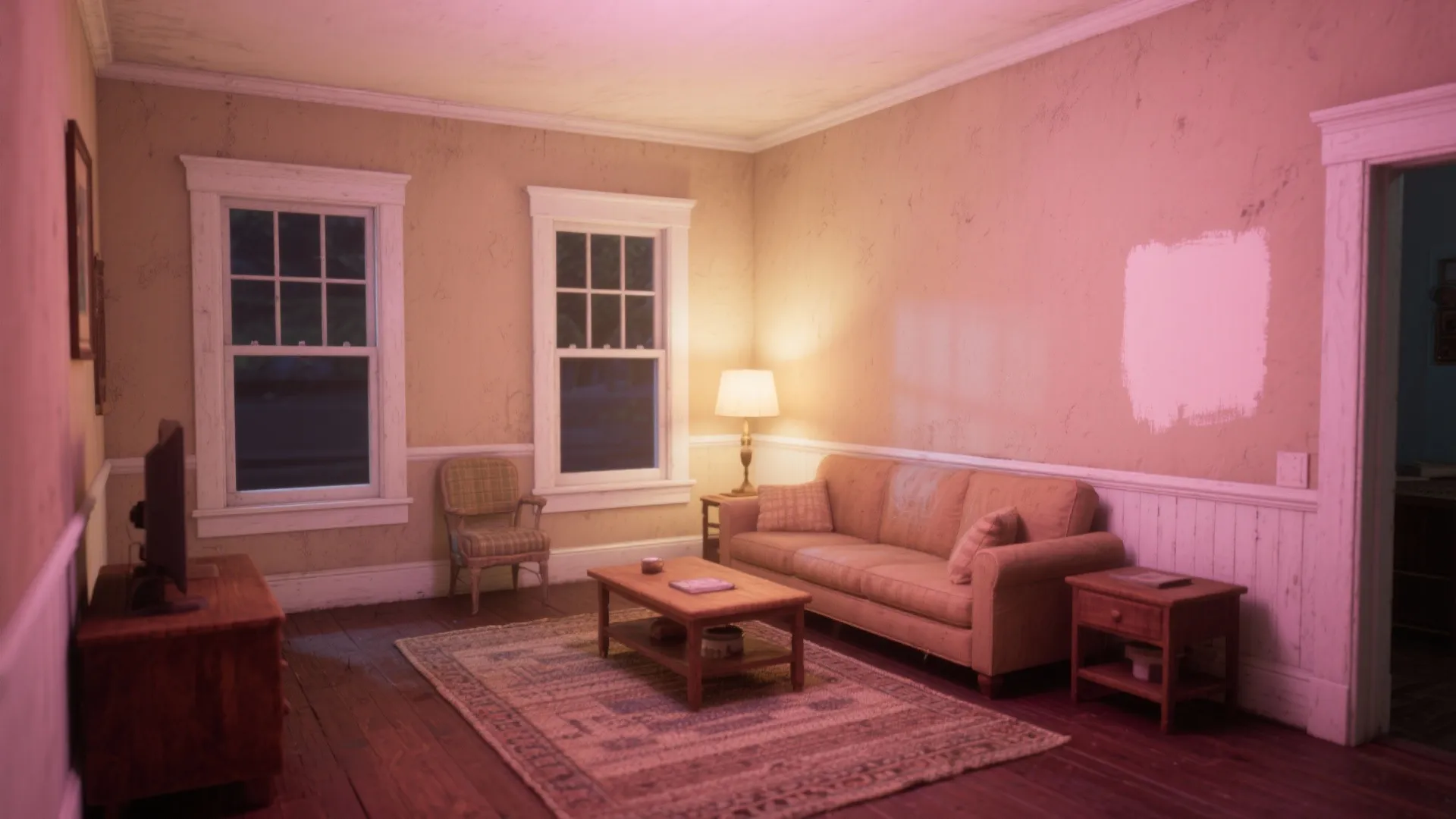Small living room with warm beige walls, white trim, natural wood furniture and evening light showing a slight pink undertone.