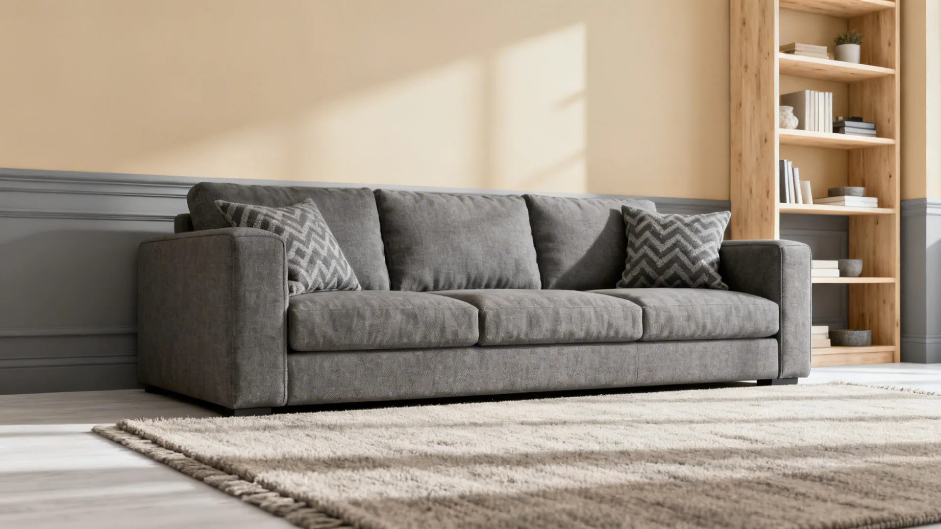 Grey sofa with patterned pillows on a rug near wooden bookshelf and grey wall panel