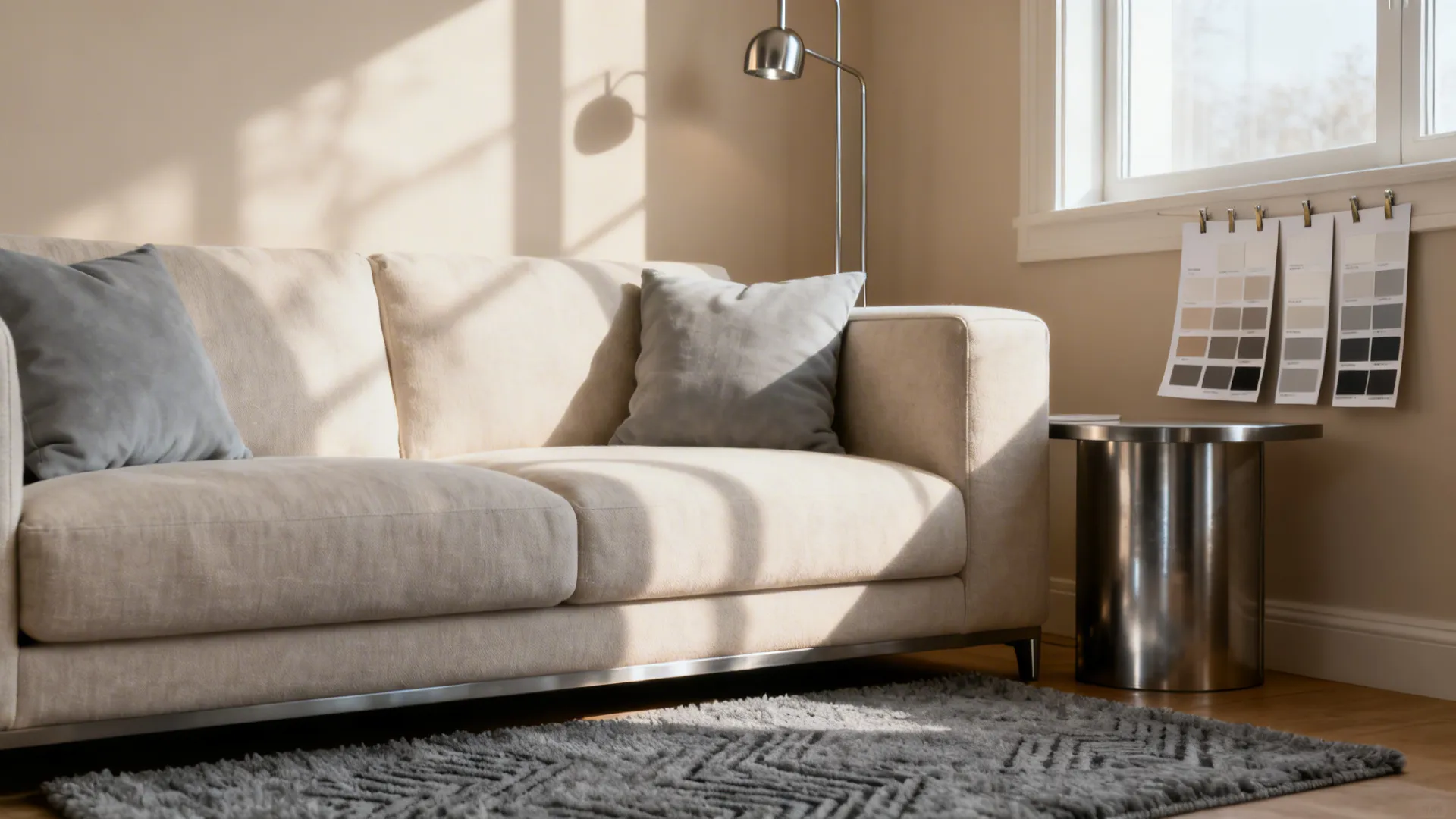 Cozy corner with warm beige walls, beige sofa and cool grey cushions beside paint swatches