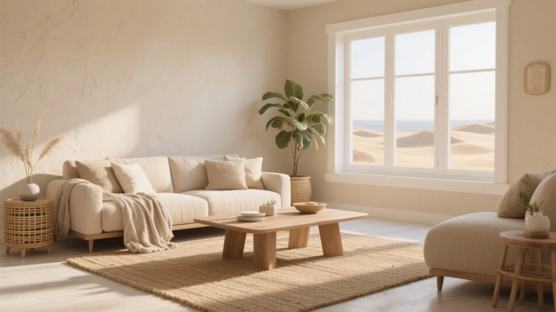 Bohemian living room with cream sofa wood coffee table jute rug large window and desert view