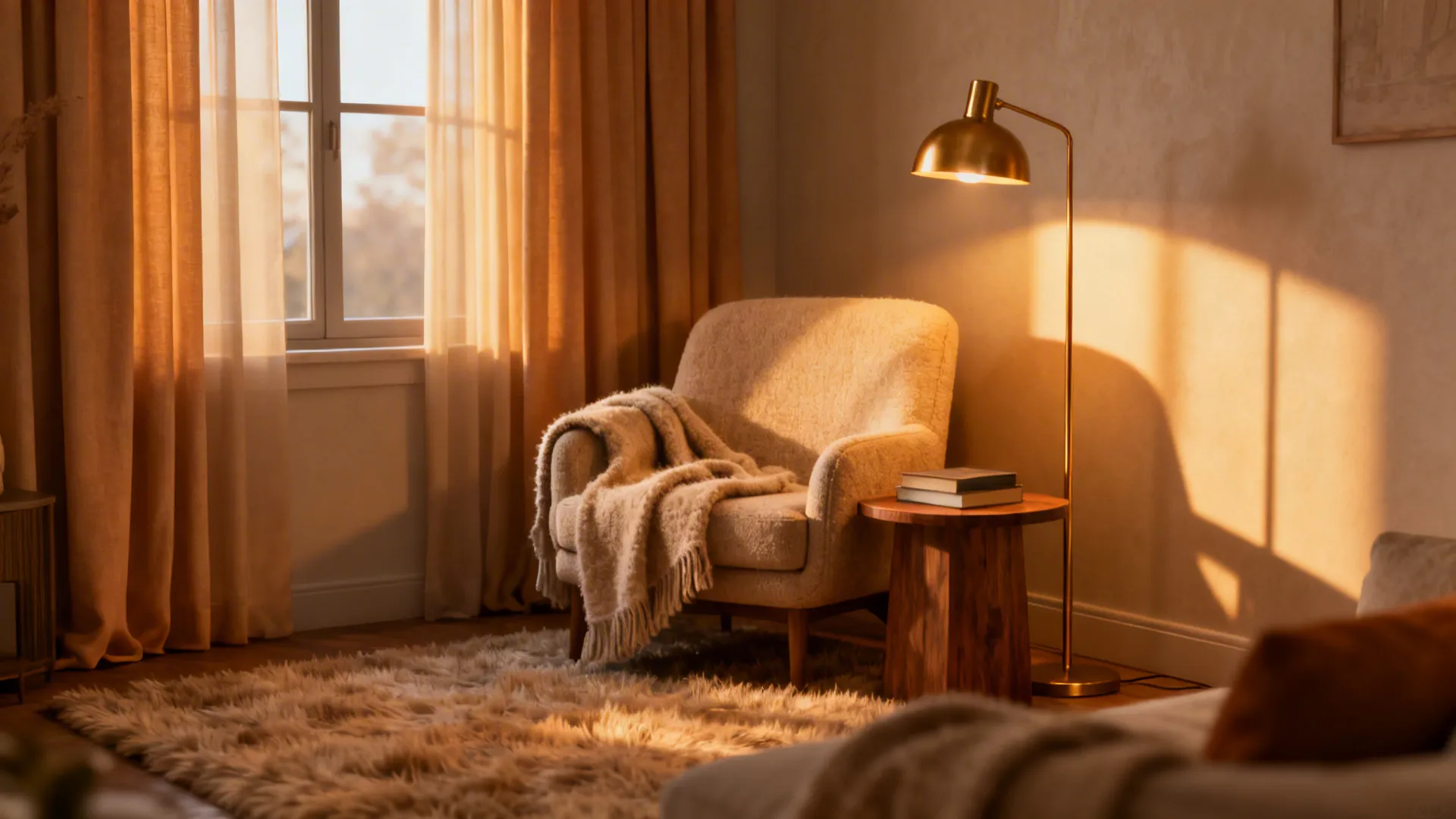 Compact living room with warm beige curtains and a cozy reading corner.