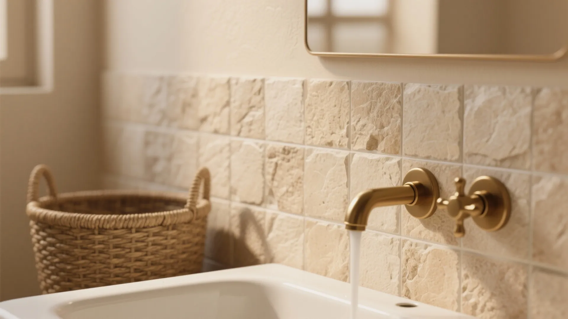 Gold water tap on beige stone wall with white sink and brown woven basket nearby