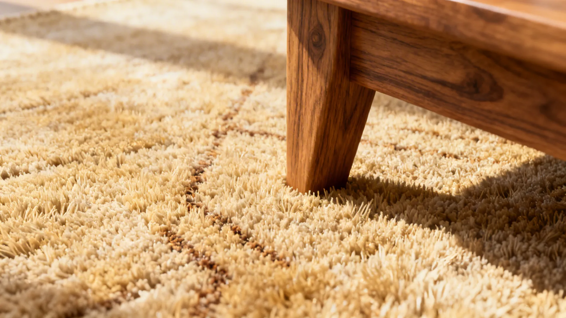 Close-up of warm beige low-pile rug texture next to a wooden table leg.