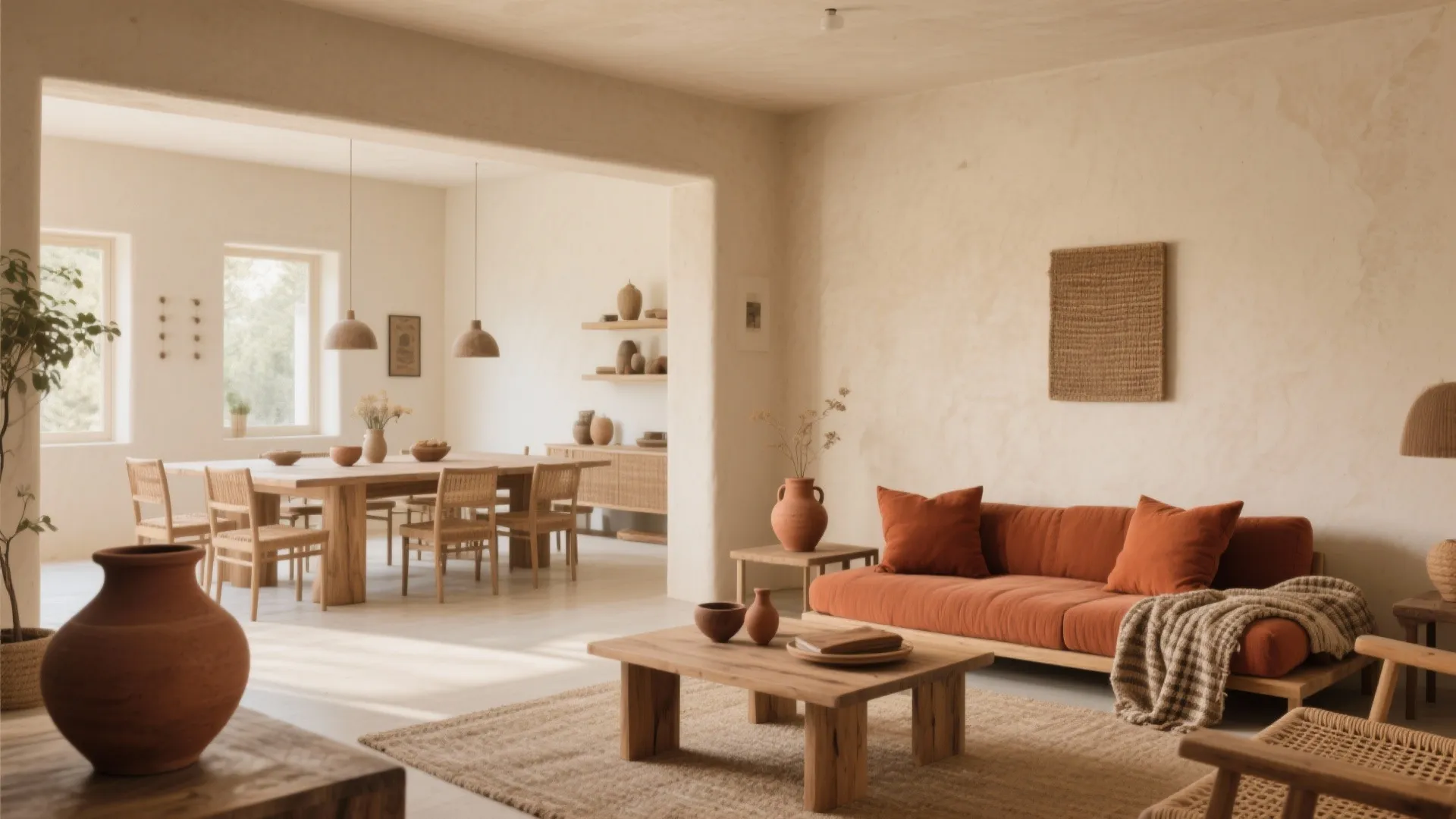 Warm living room with orange sofa wooden coffee table beige walls and large dining area background