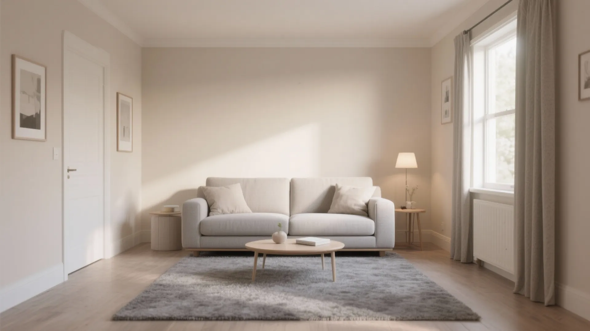 Small living room with warm beige walls and grey carpet