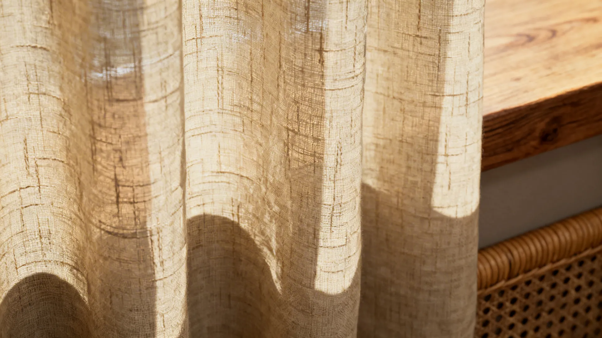 Close-up of warm beige linen curtain showing weave and drape beside wood and rattan accents