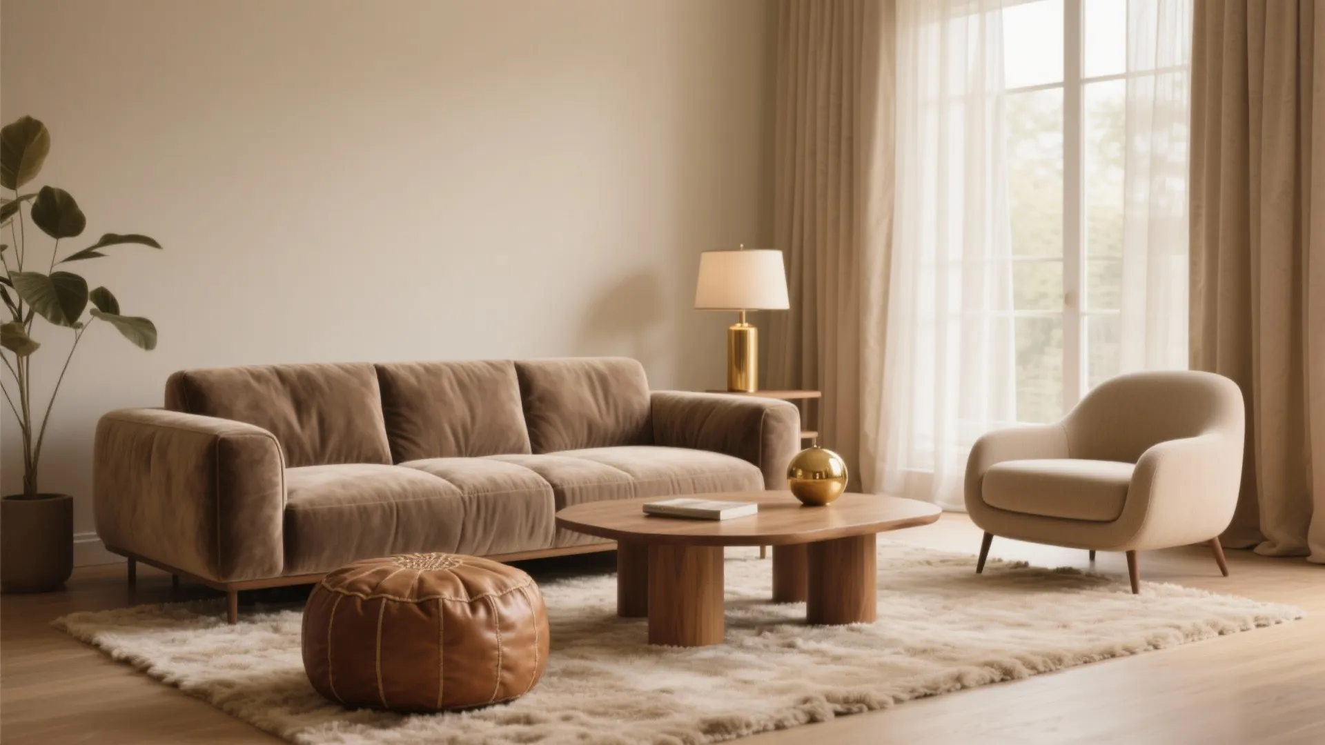 Warm beige living room with brown sofa, wooden coffee table, armchair, rug, and natural light