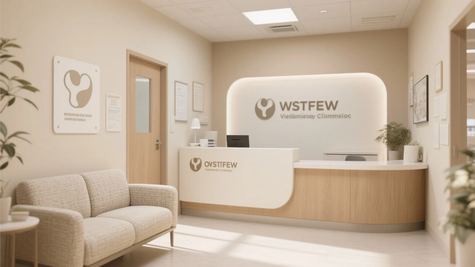 Veterinary clinic reception with warm beige walls and cream accents