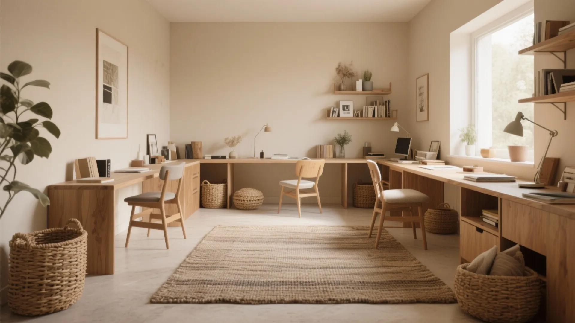 Large warm beige shared home office with long wooden desk three chairs rug and baskets
