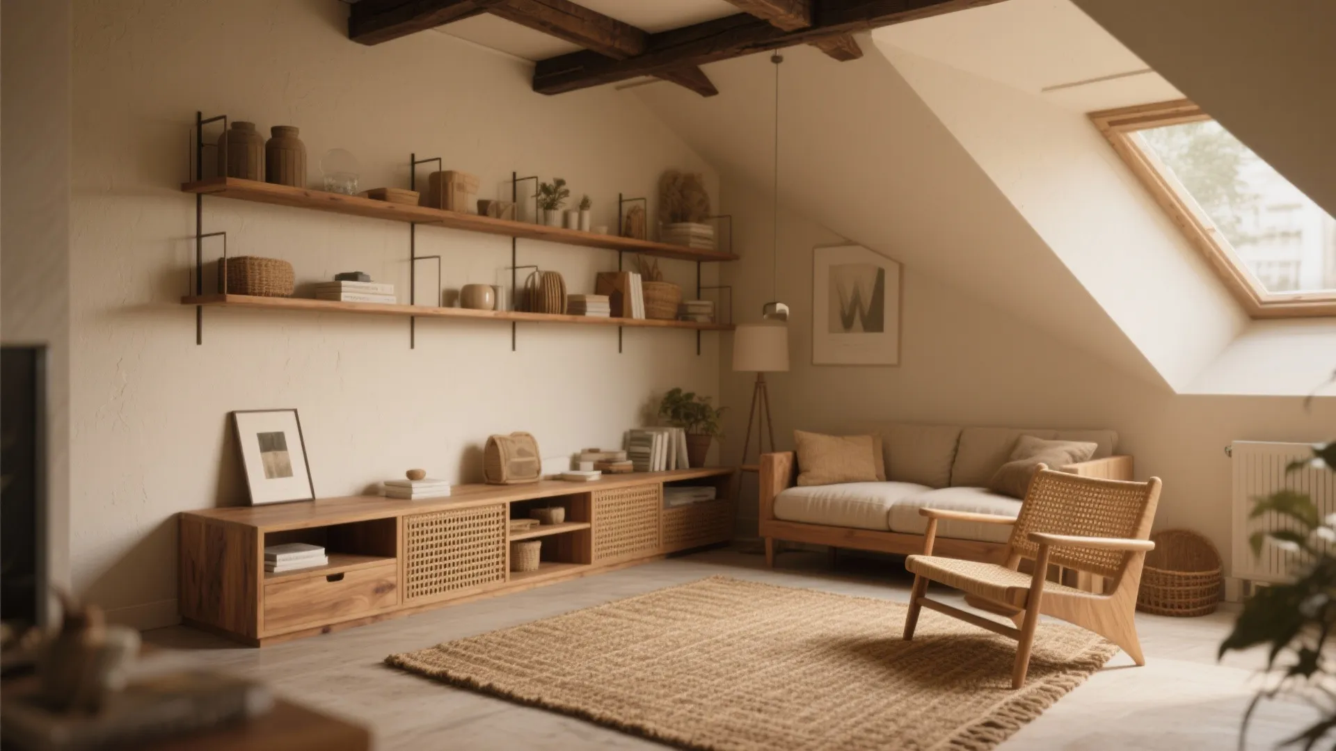 Warm living room with wooden cabinet, shelves, sofa, chair, rug, roof window, and beige walls