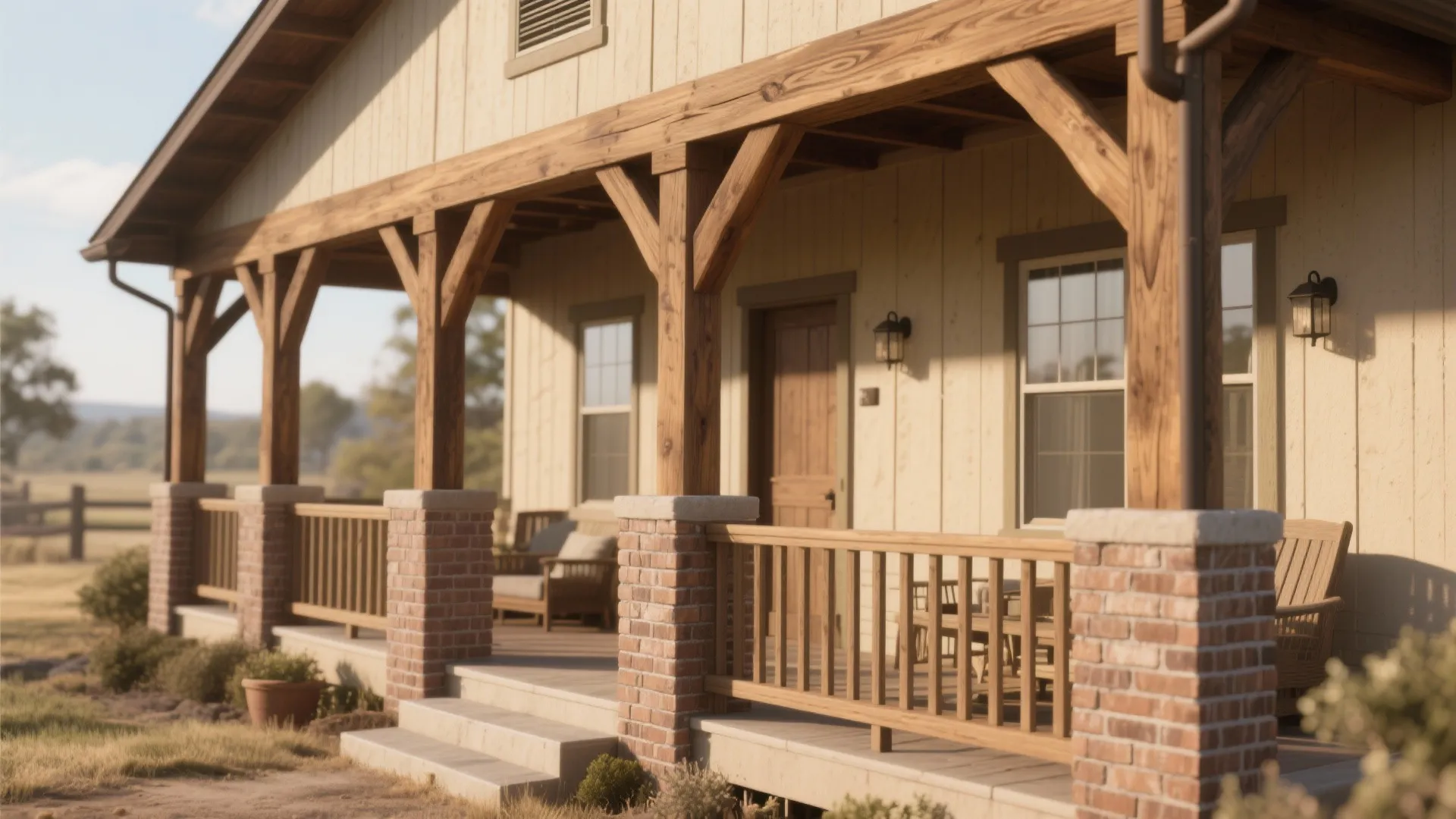 Warm wooden porch featuring brick pillars railings front door windows and chairs under sunlit roof