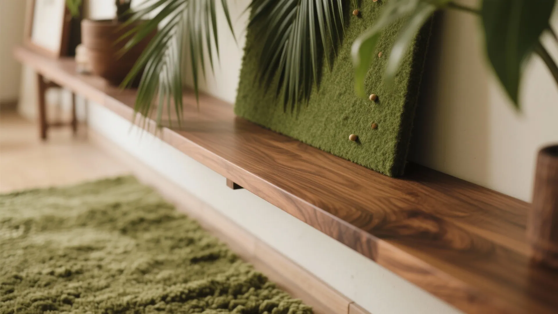Close up of wooden shelf with green moss board green plant leaves and fuzzy green rug