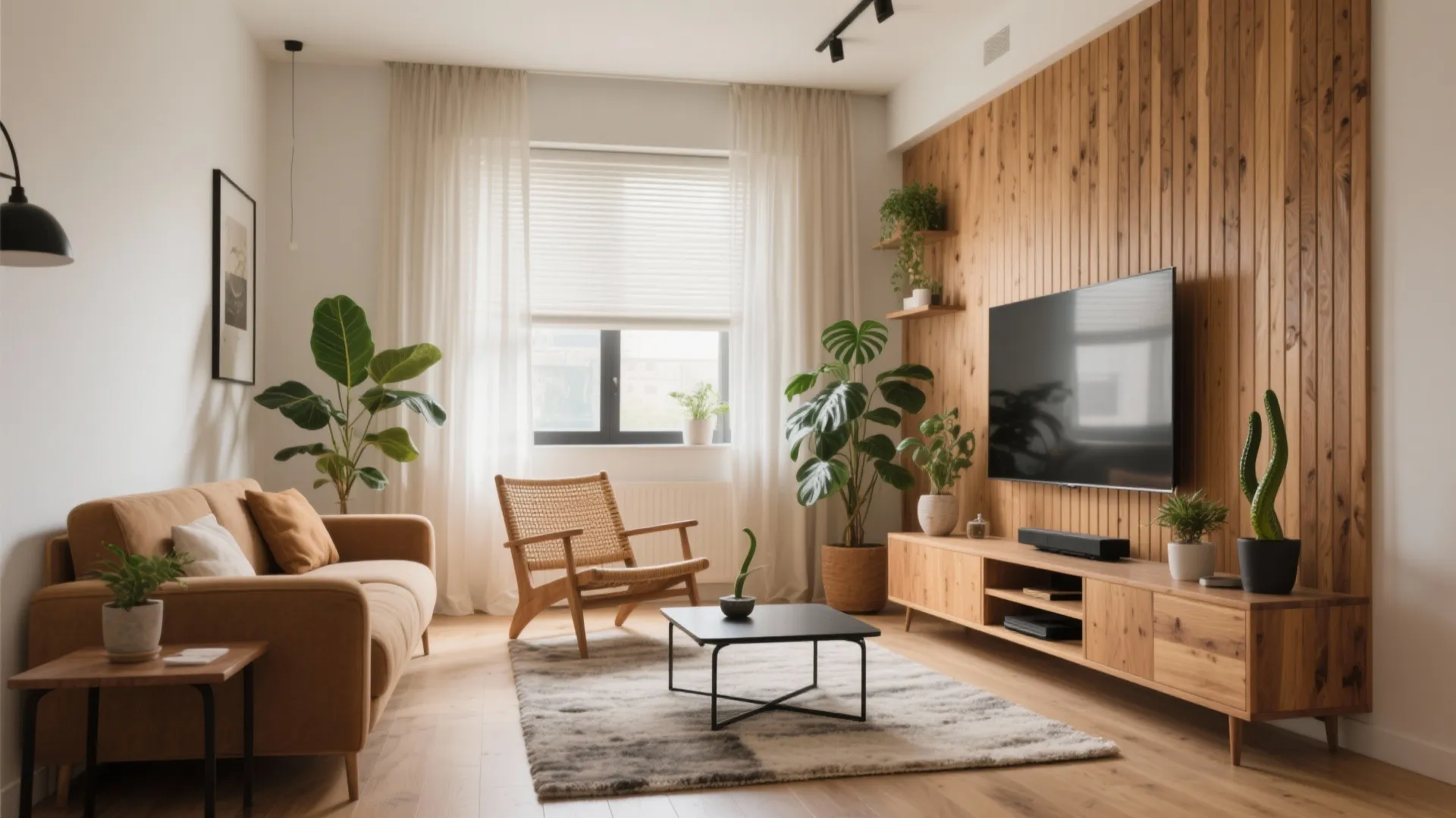Cozy living room with tan sofa wooden wall panel television stand green plants and natural light