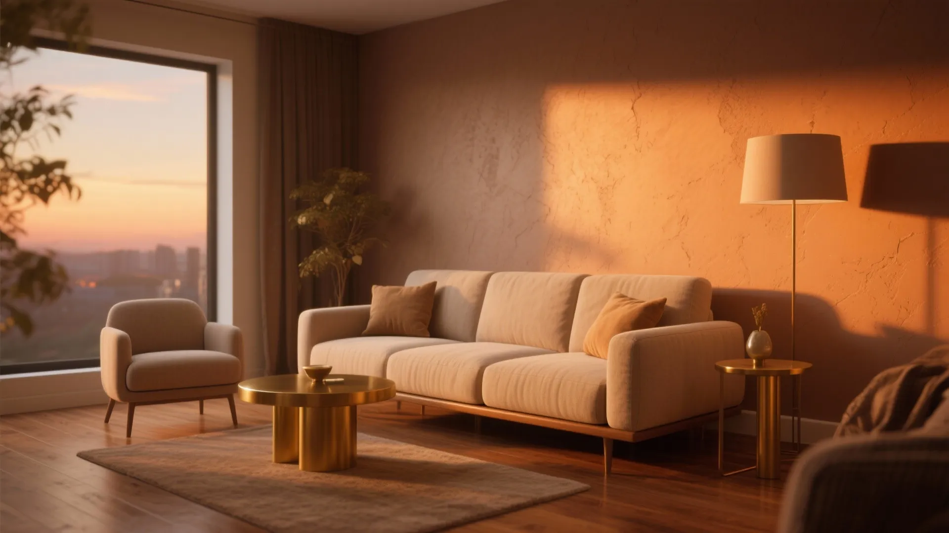 Living room with beige sofa gold coffee table floor lamp and window view at sunset