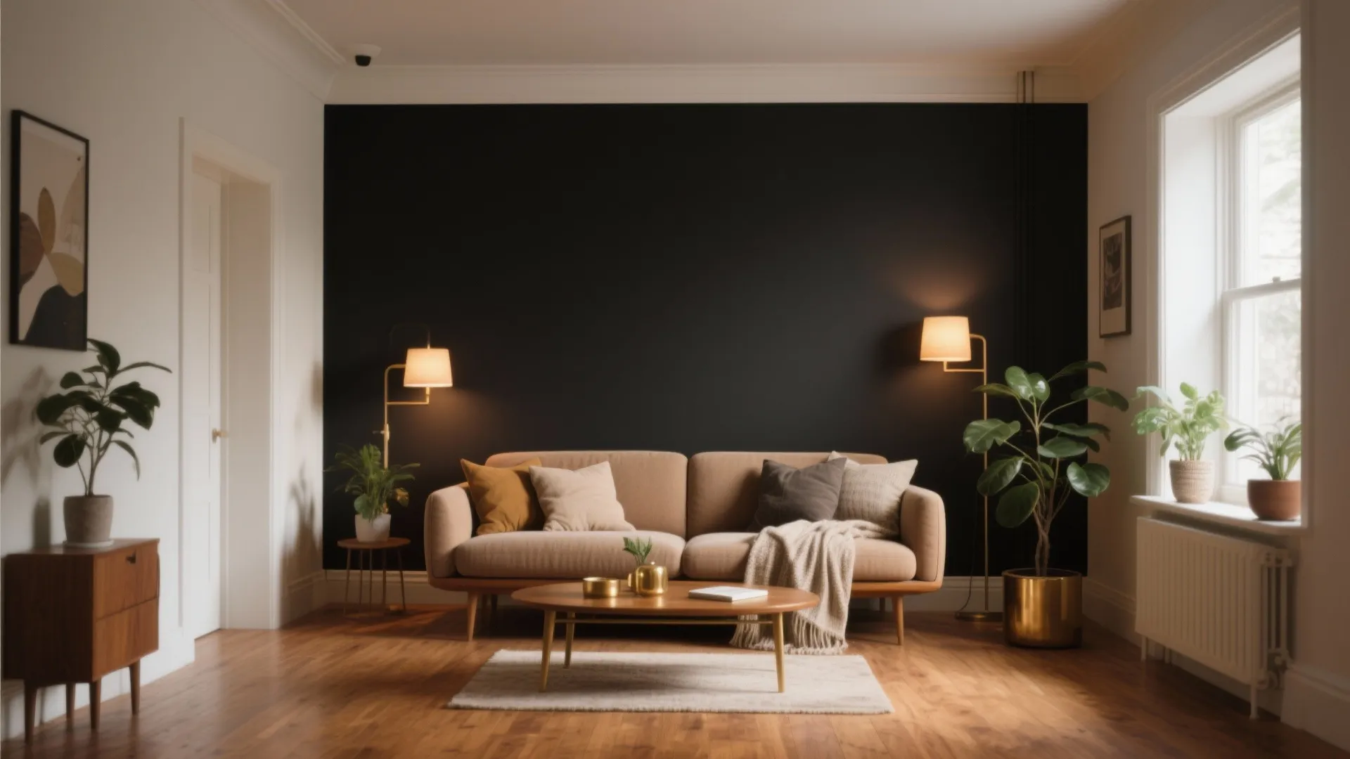 Modern living room featuring black accent wall tan sofa wooden coffee table and indoor green plants