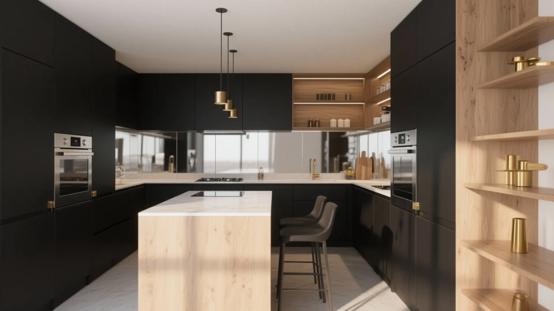 Modern black kitchen with wood island bar chairs gold ceiling lights and integrated home appliances design