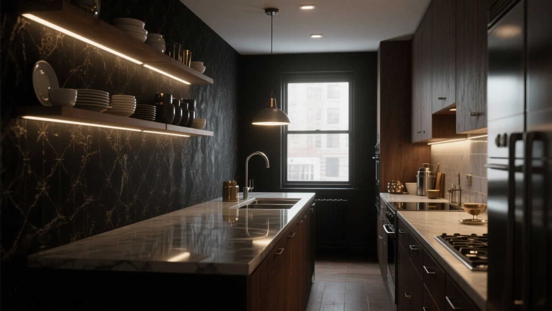 Modern dark kitchen with wooden cabinets marble counters black wall panels and warm open shelves