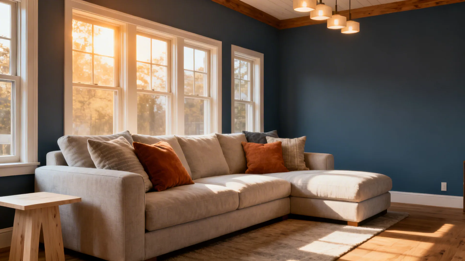 Tiny living room with warm slate blue walls, light furnishings and layered textiles for cozy elegance.