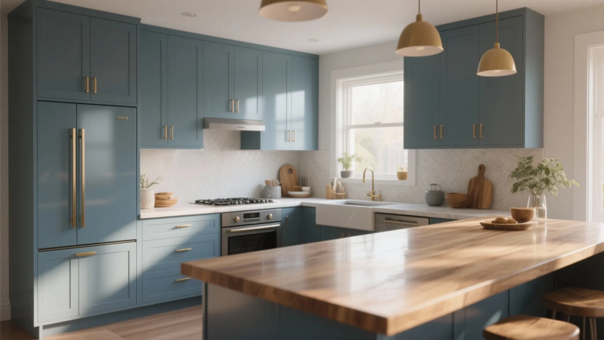 Modern blue kitchen cabinets with wooden island white countertops yellow ceiling light and built-in oven
