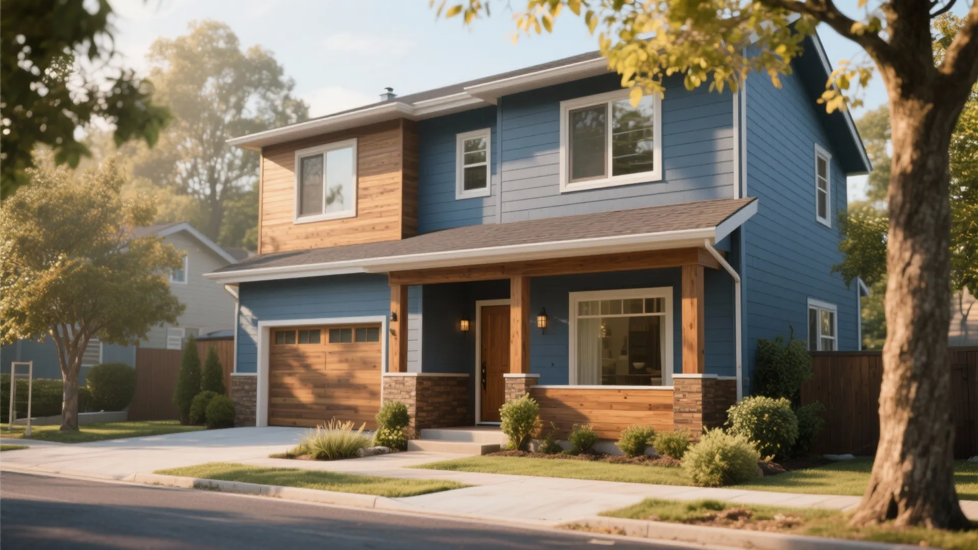 Blue-grey exterior with warm undertones and natural cedar accents on a tree-lined street in morning light.