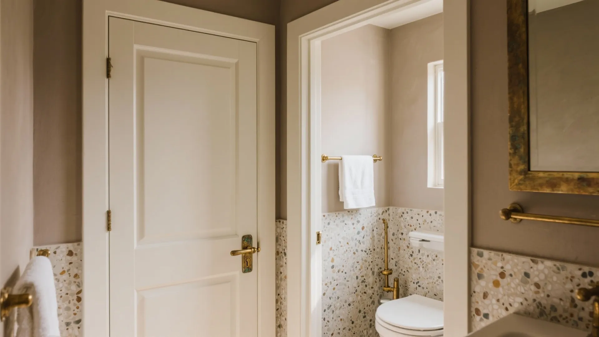 Bathroom interior featuring white door, brass handle, wall panel, and stone tiles around the toilet