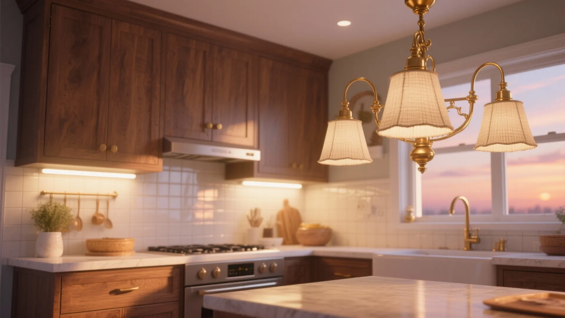 Warm metals and textured linen shades