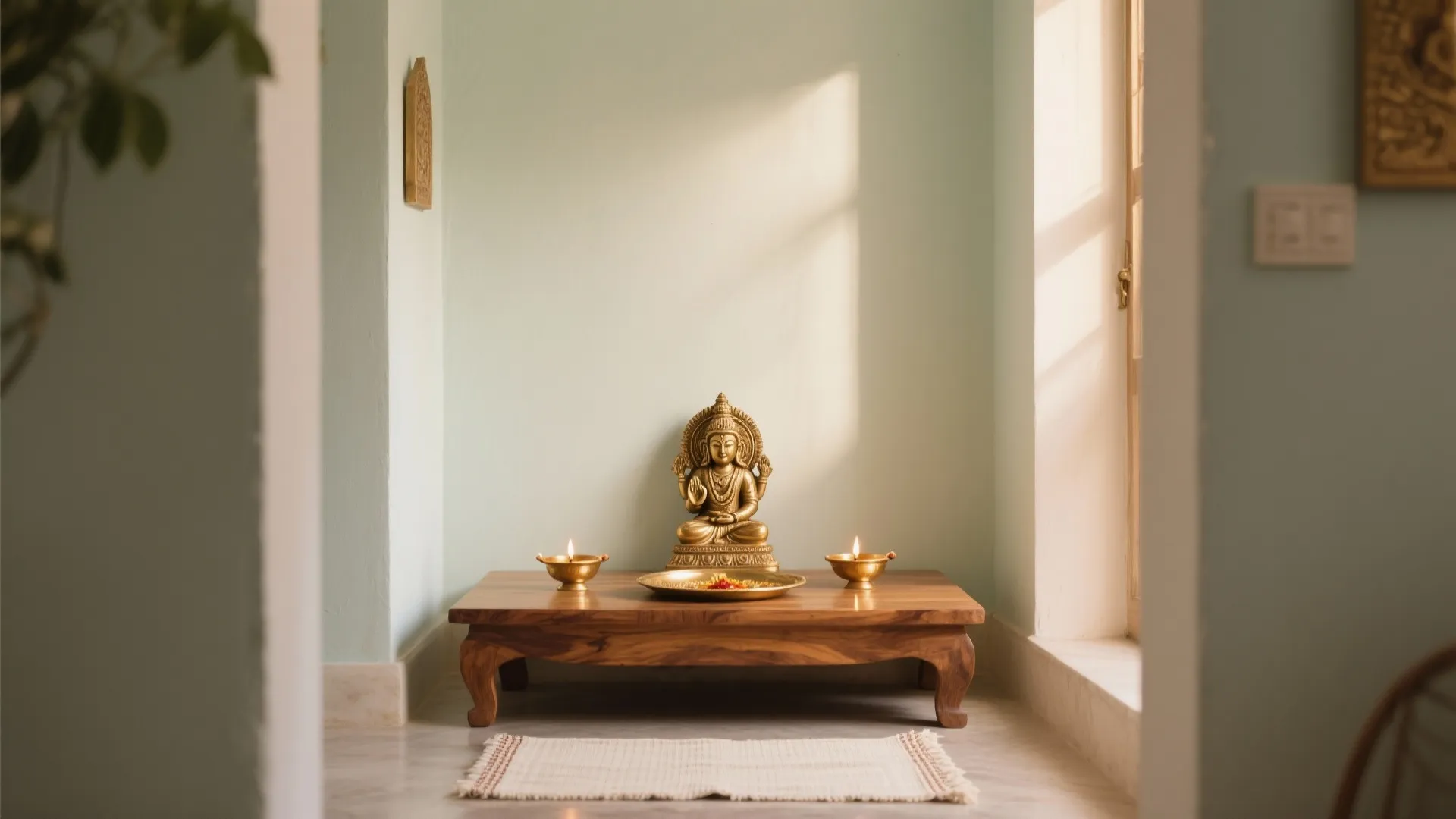 Simple prayer room with golden statue on wooden table two oil lamps and light green walls