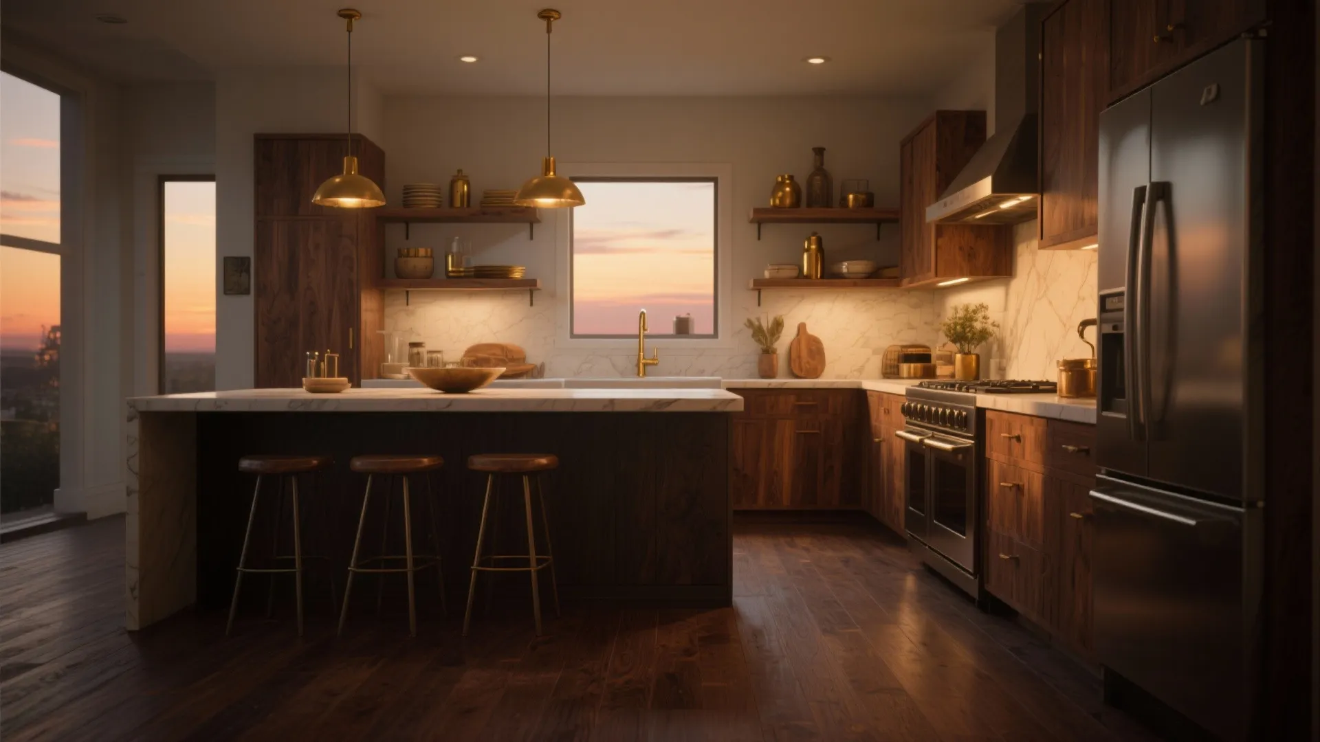 Warm kitchen design featuring dark wood cabinets brass light fixture marble countertop and sunset window