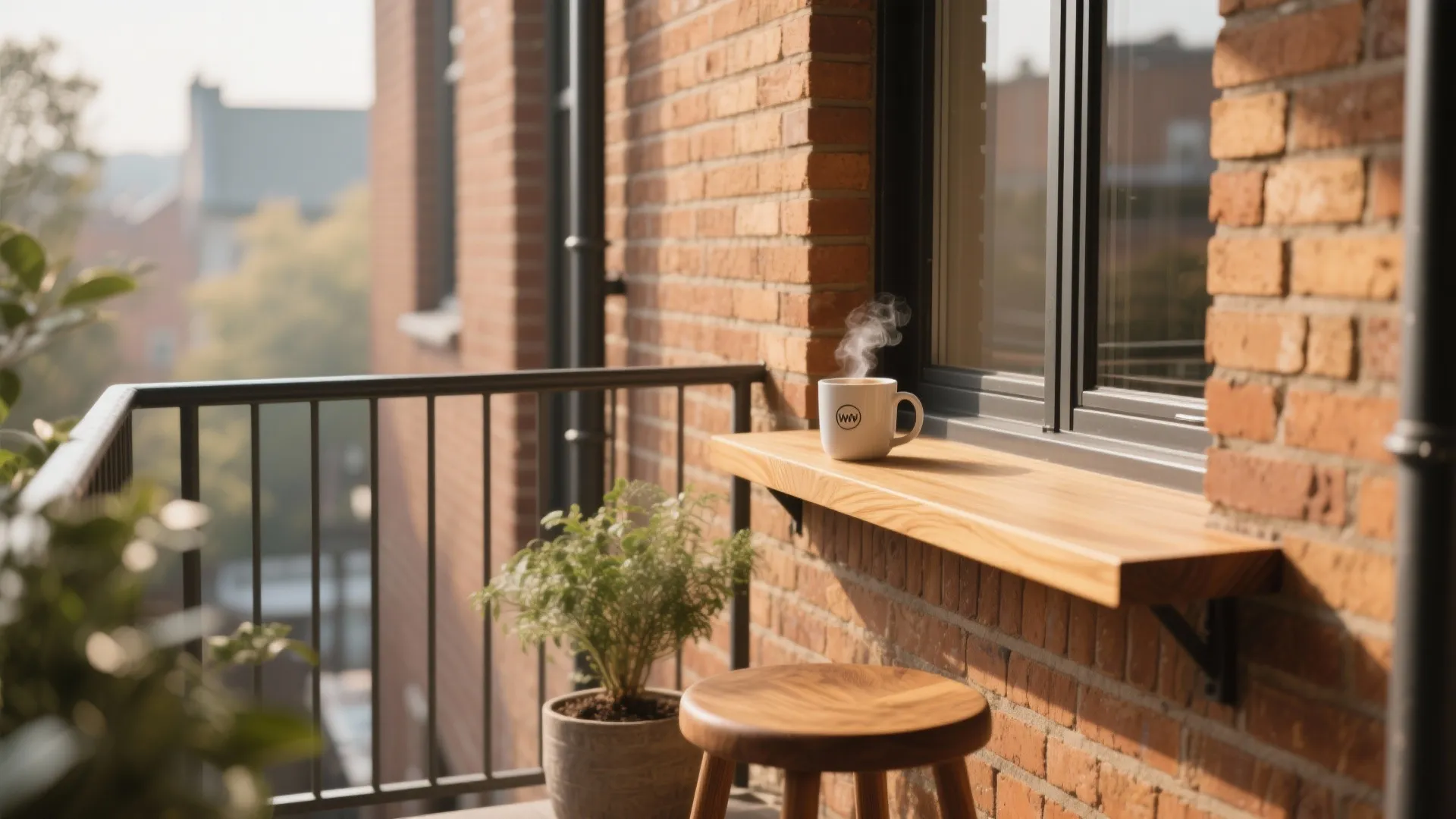 Warm brick balcony with timber cap rail, soft morning light, and minimal seating