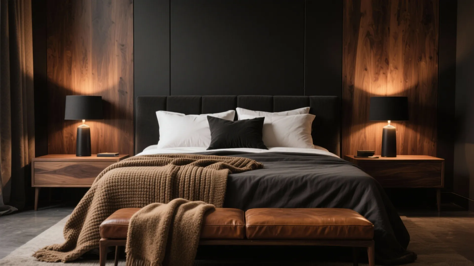Elegant bedroom featuring black wall wood panels dark bedding and a brown leather footrest bench