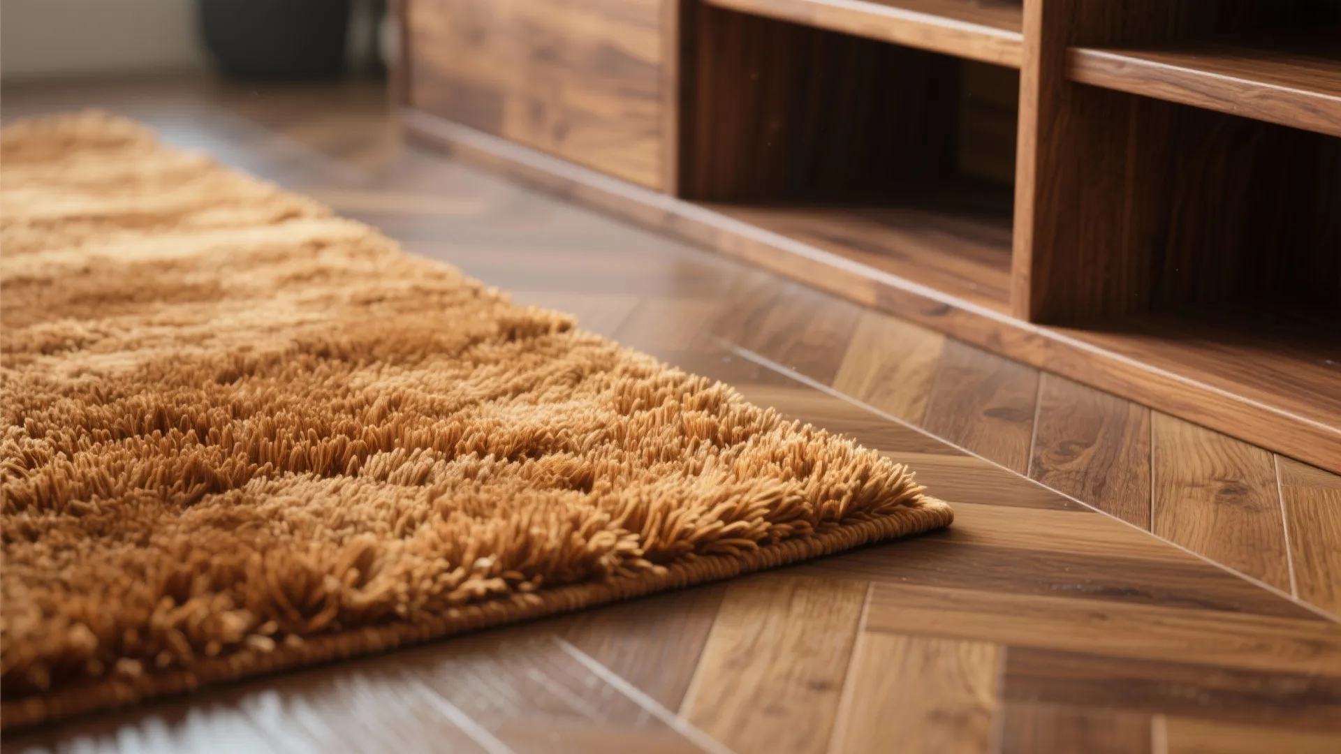 Thick brown shaggy rug lying on a dark wood floor beside a large wooden storage cabinet