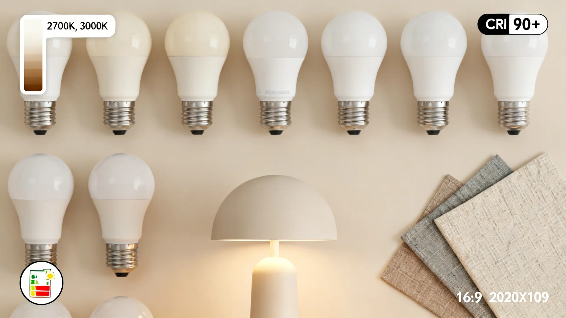 Flatlay of warm white bulb samples, Kelvin swatches, CRI label, and fabric samples.