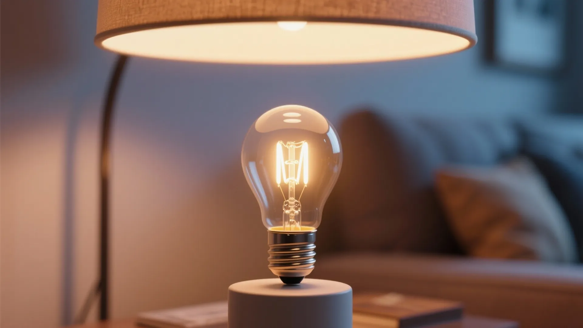 Macro of a warm 2700K–3000K LED bulb glowing with cozy warm light in a small room.