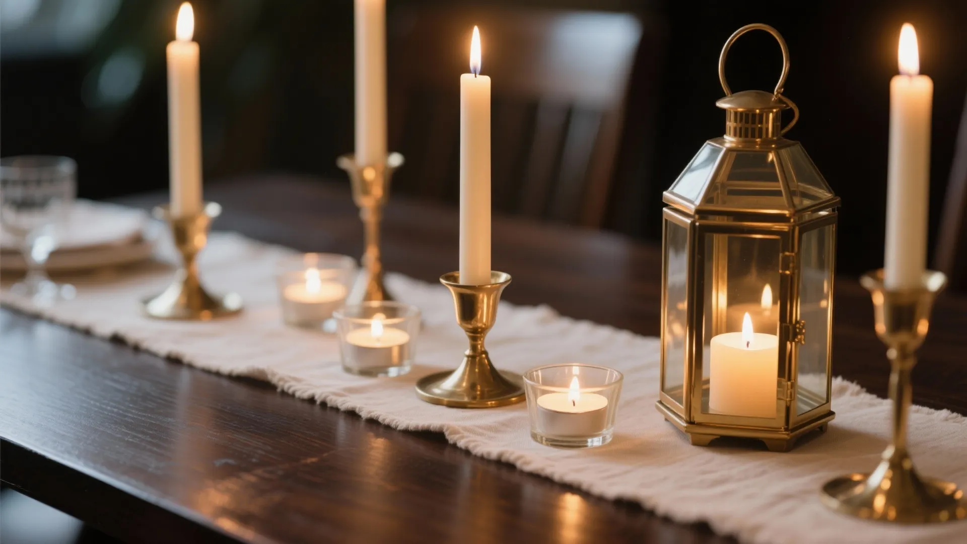 Lit candles in gold holders and lantern on a white runner over wooden dining table