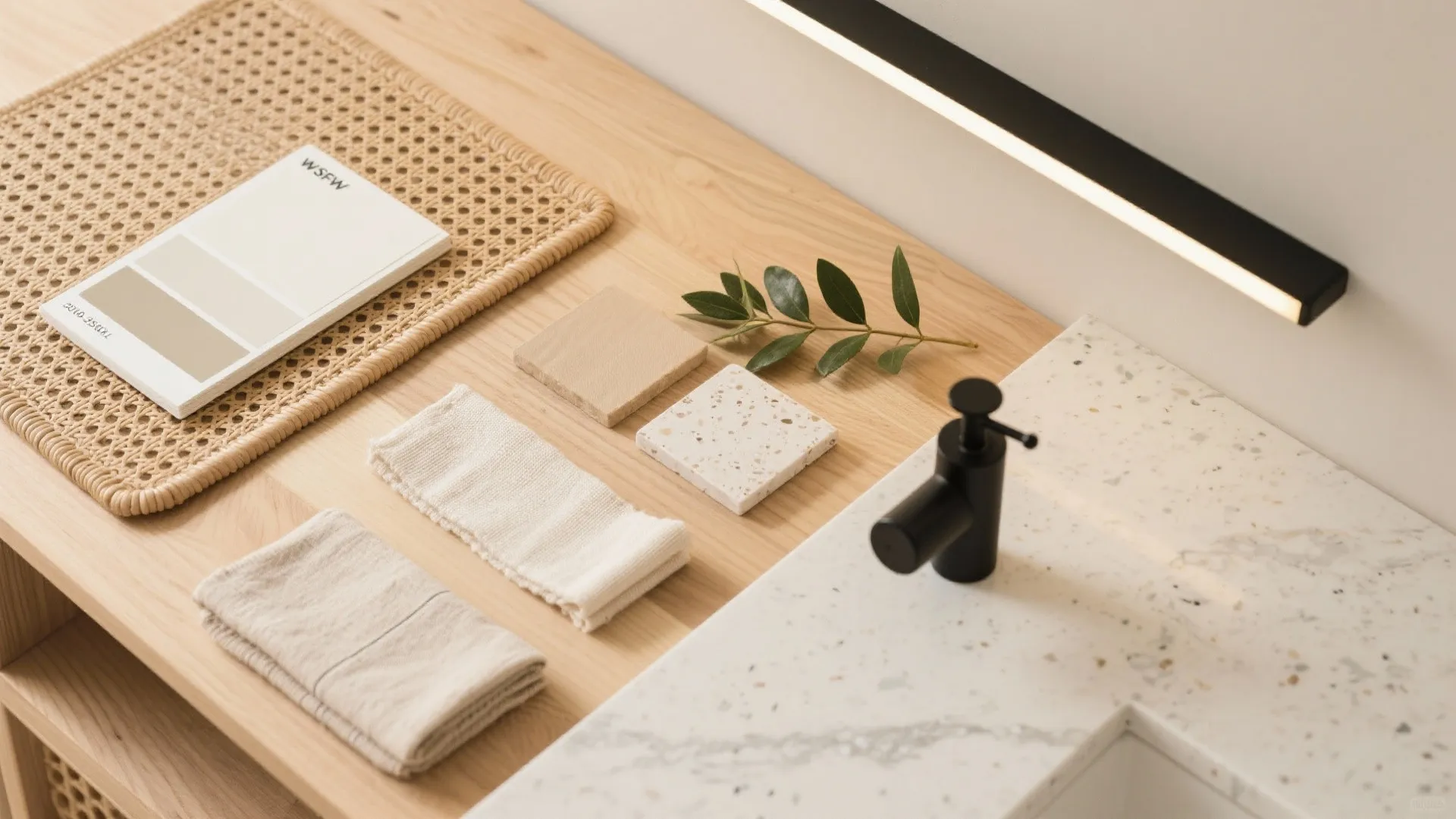 Warm wood and cane palette with layered lighting