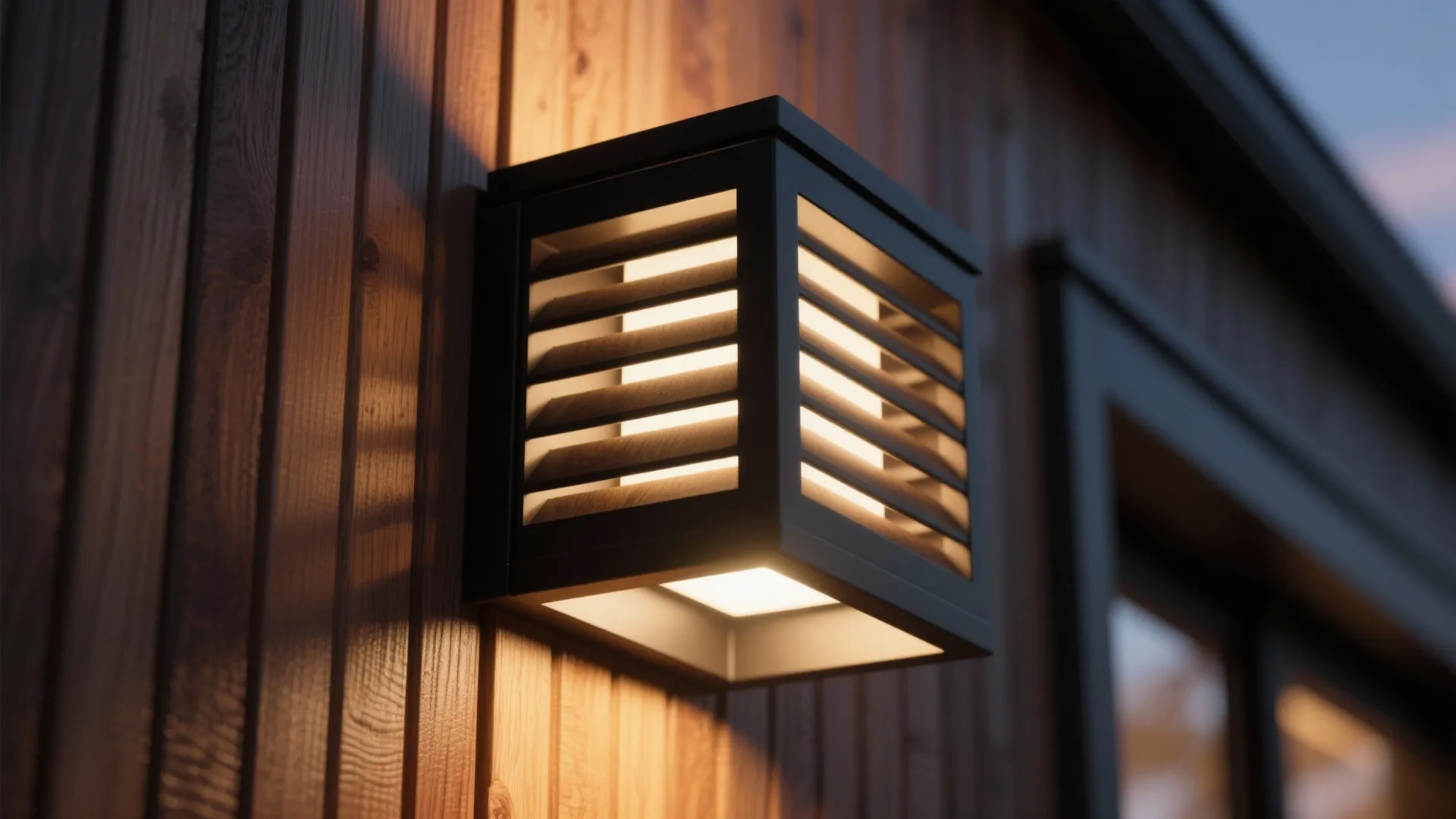 Macro of a shielded exterior sconce casting warm 2700K light on wood cladding without glare.