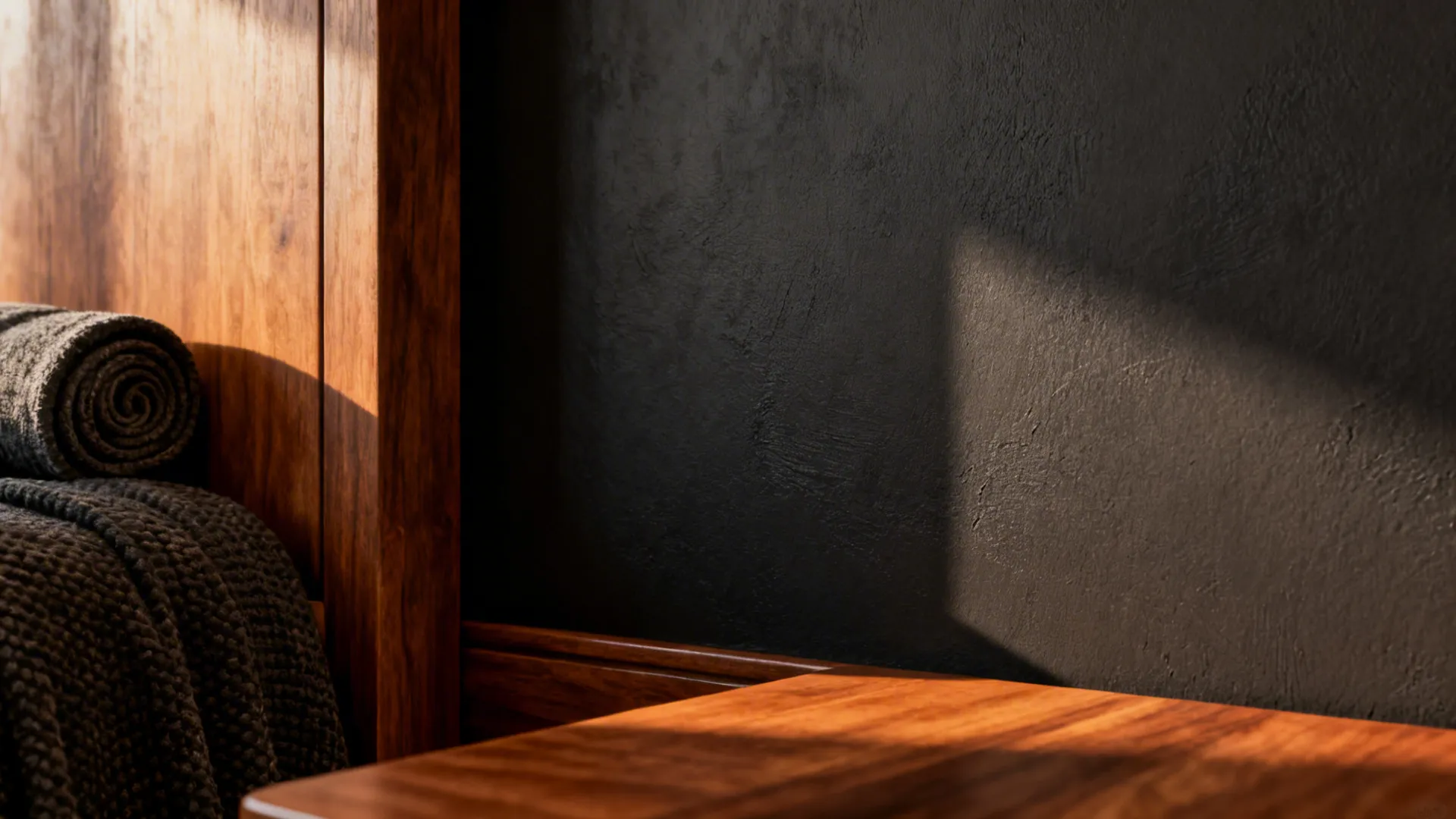 Warm charcoal accent wall with subtle plaster texture next to warm wood and textiles.