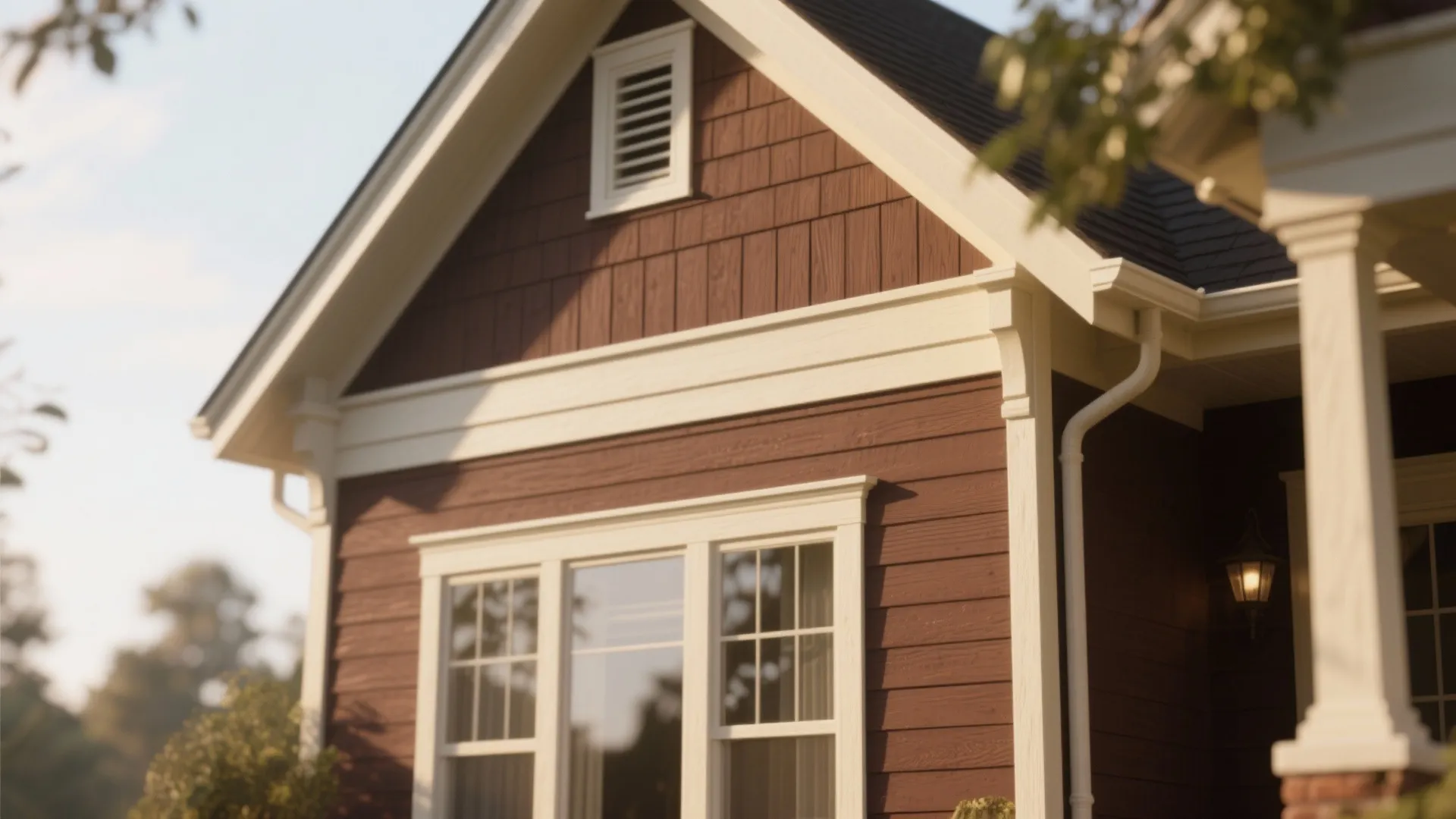 Reddish brown wood siding house with white window trim and a small white roof window