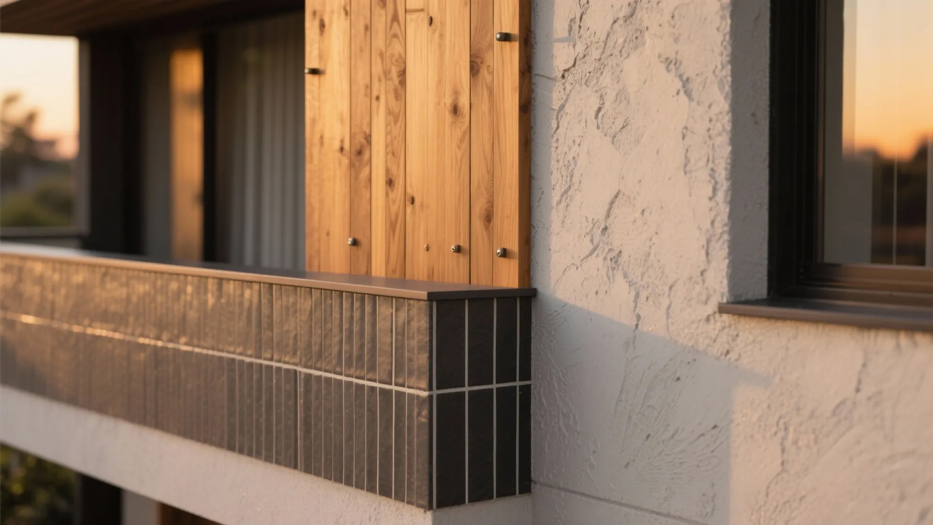 Close-up of a balcony edge with dark tiles, wooden wall panel, and white textured wall