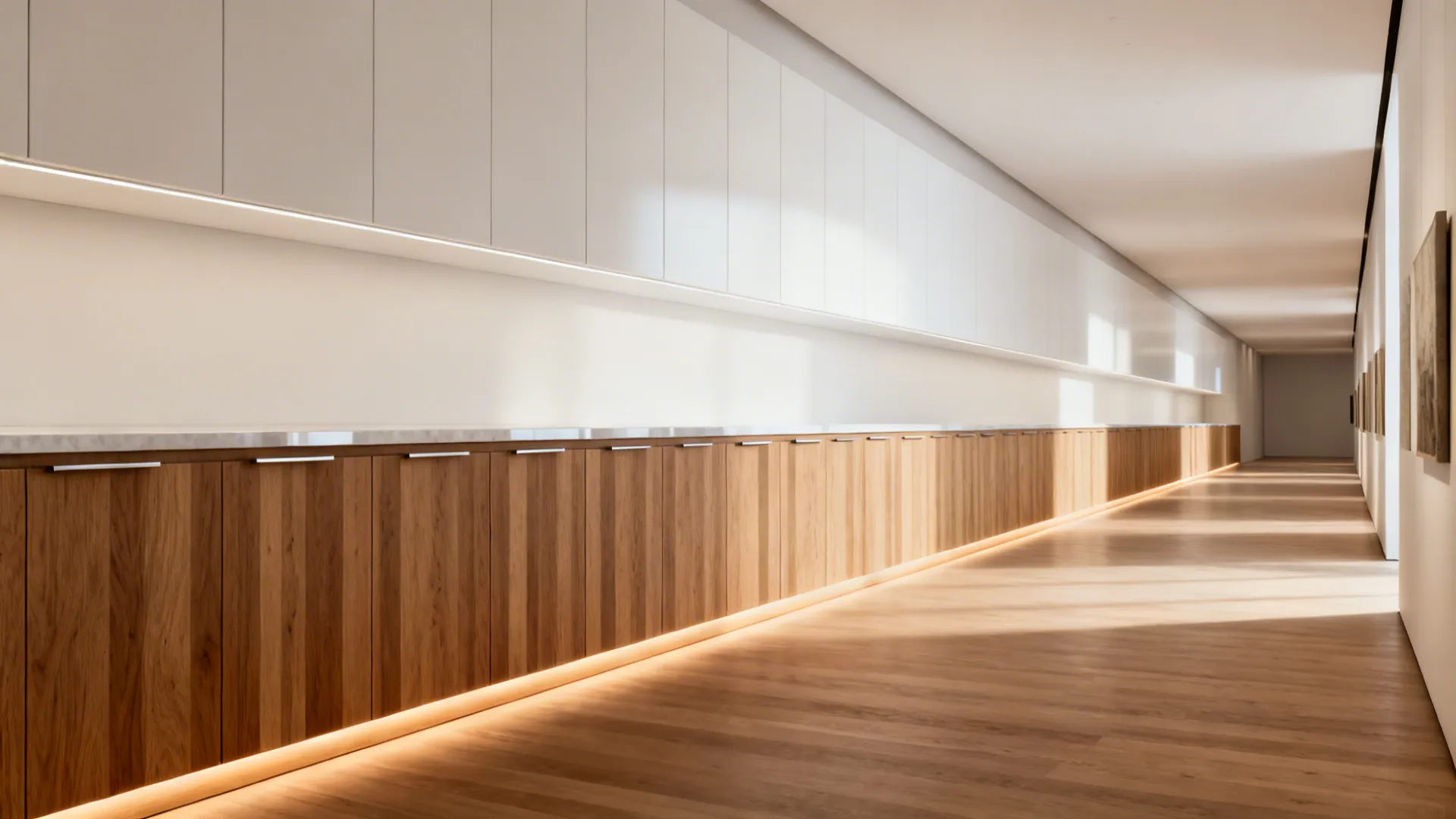 Galley with rift oak lowers, satin white uppers, and a slim quartz worktop in soft daylight.