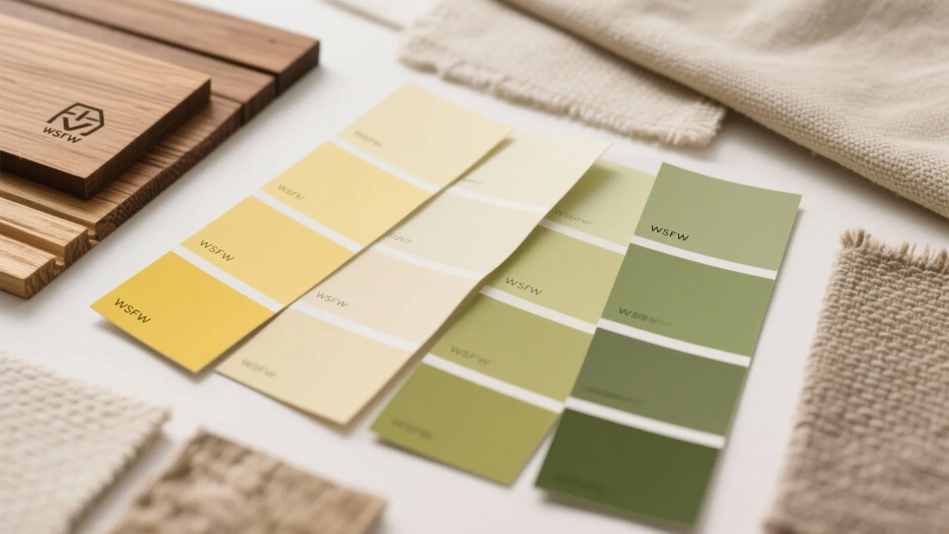 Color board with yellow, cream, sage green, wood, and fabric samples