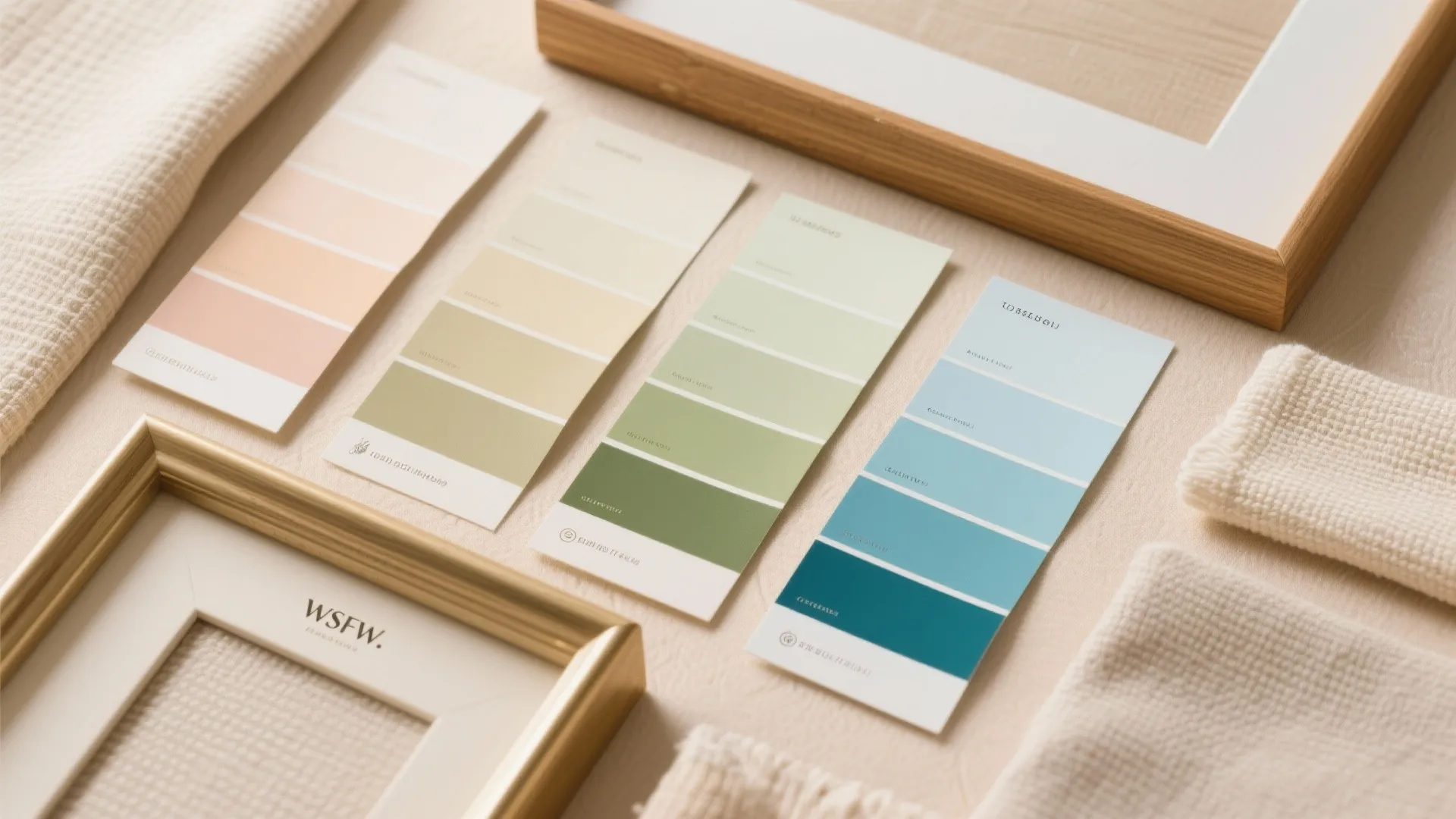 Four paint color swatches in beige green and blue placed between two empty wooden frames
