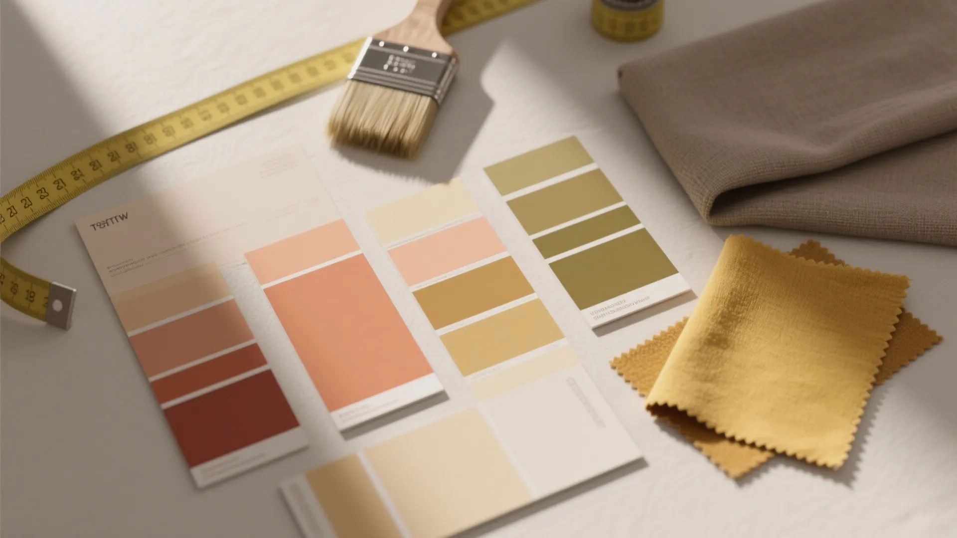 Top-down arrangement of warm paint swatches, fabric samples, brush and tools for testing warm living room colors.